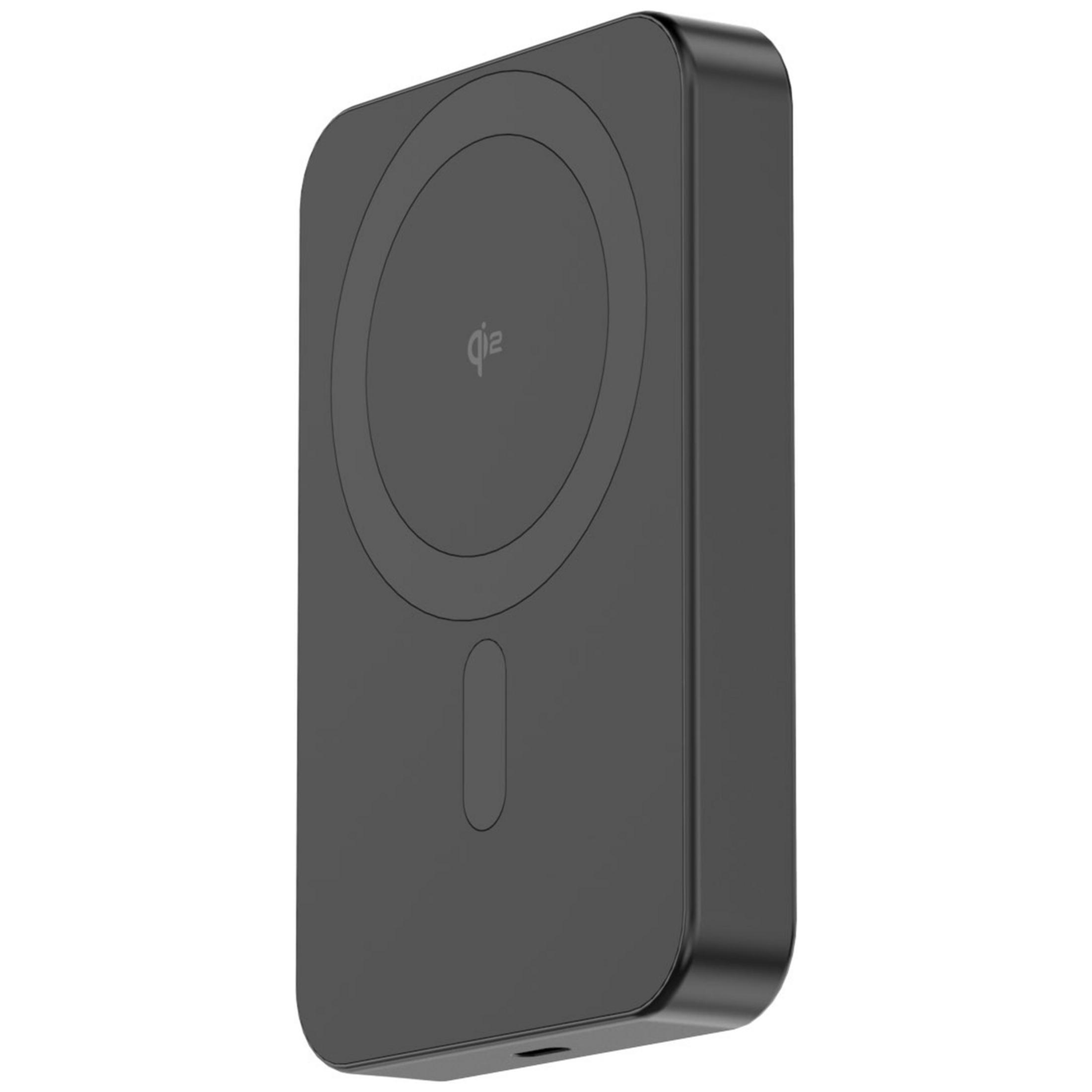Un caricabatterie wireless nero con simbolo Qi.