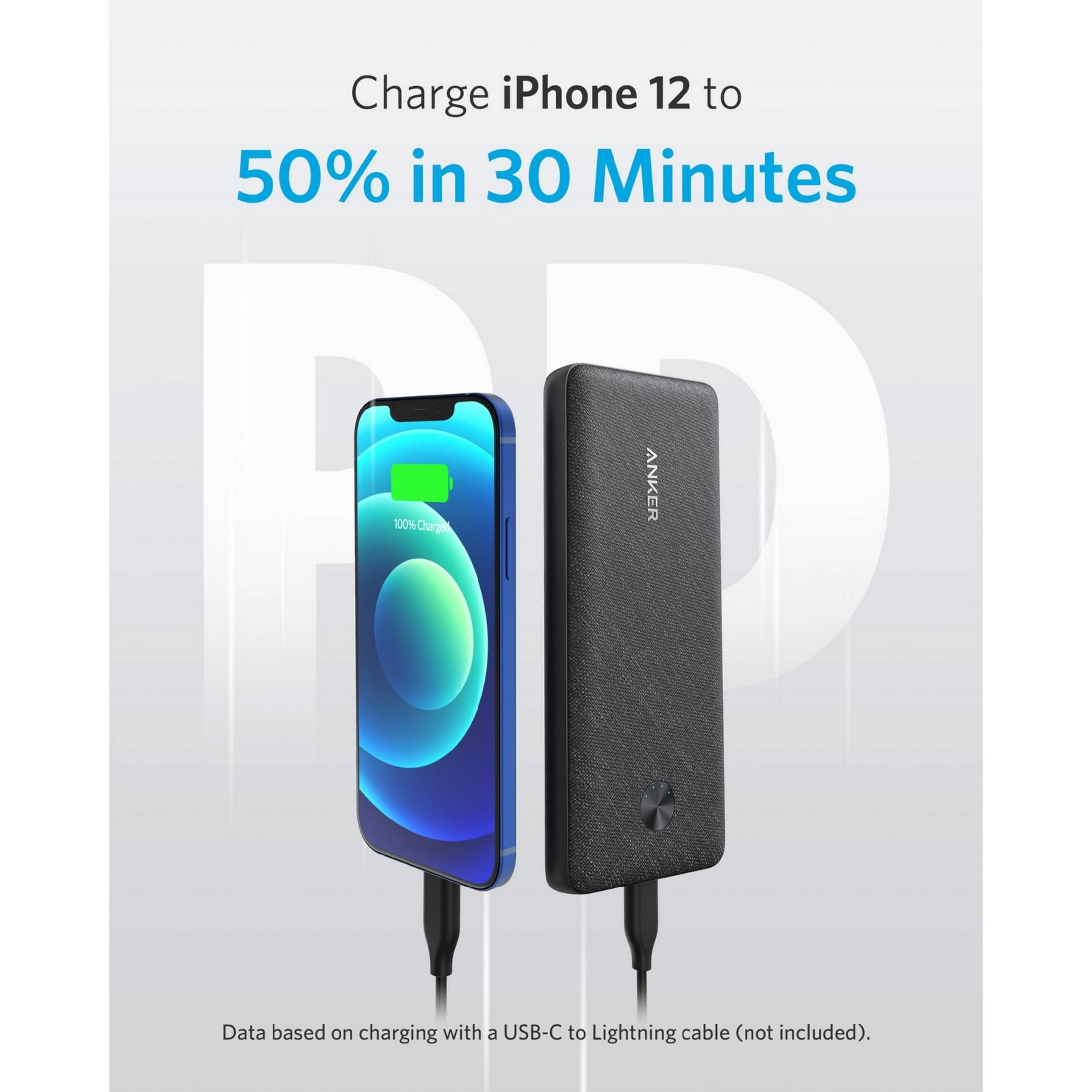 Il power bank Anker carica l'iPhone 12 blu al 50% in 30 min.