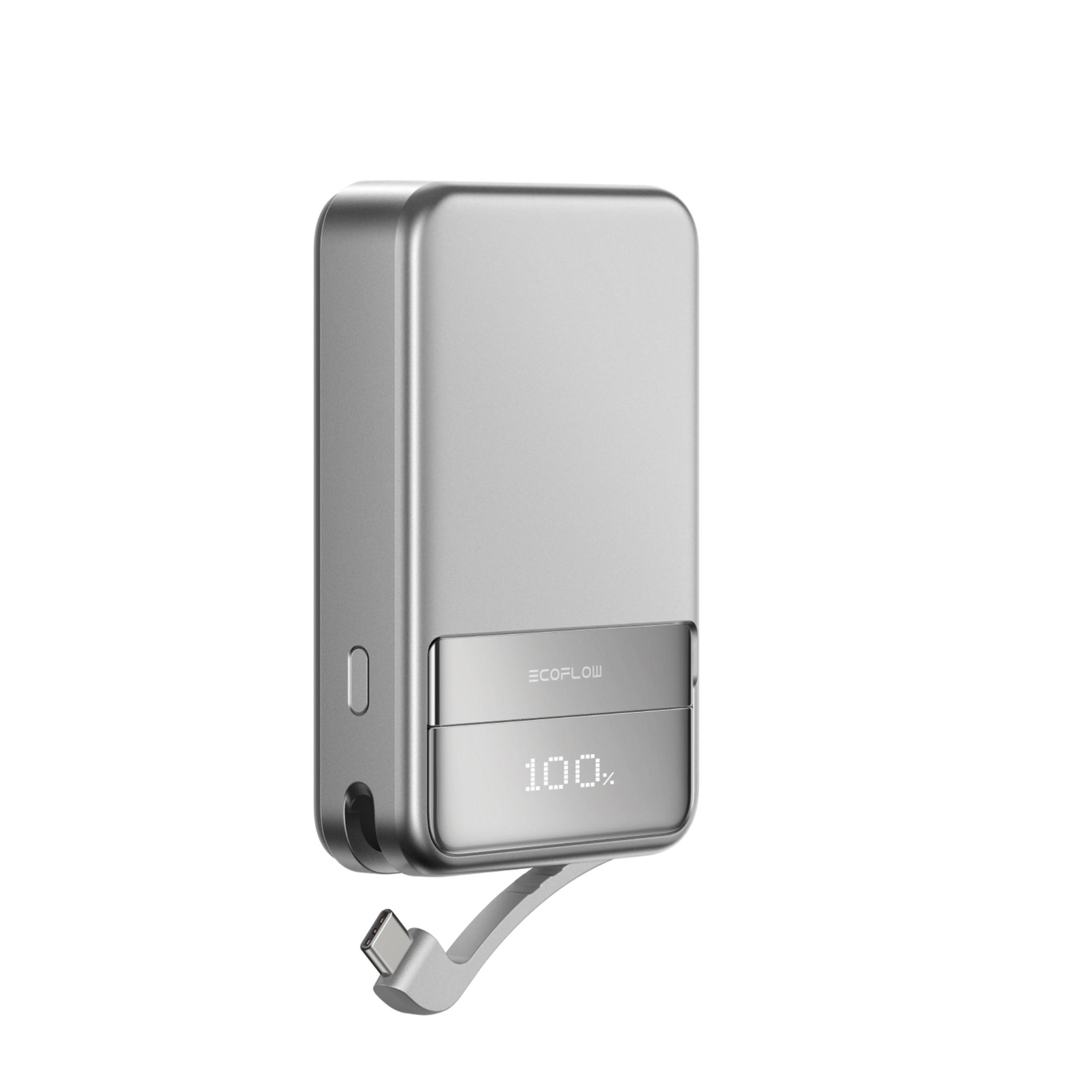 Srebrny powerbank Ecoflow z portem USB-C i wskaźnikiem naładowania 100%.