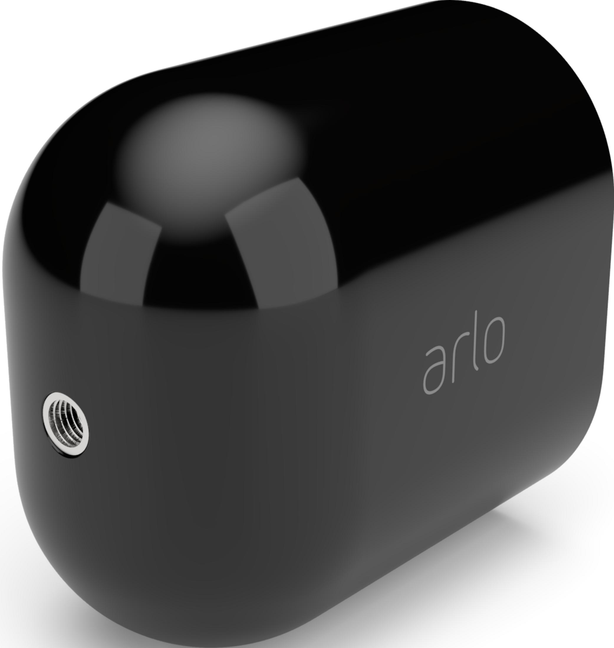 Ein schwarzes, glänzendes Arlo-Gerät mit einem Gewindeanschluss an der Seite.