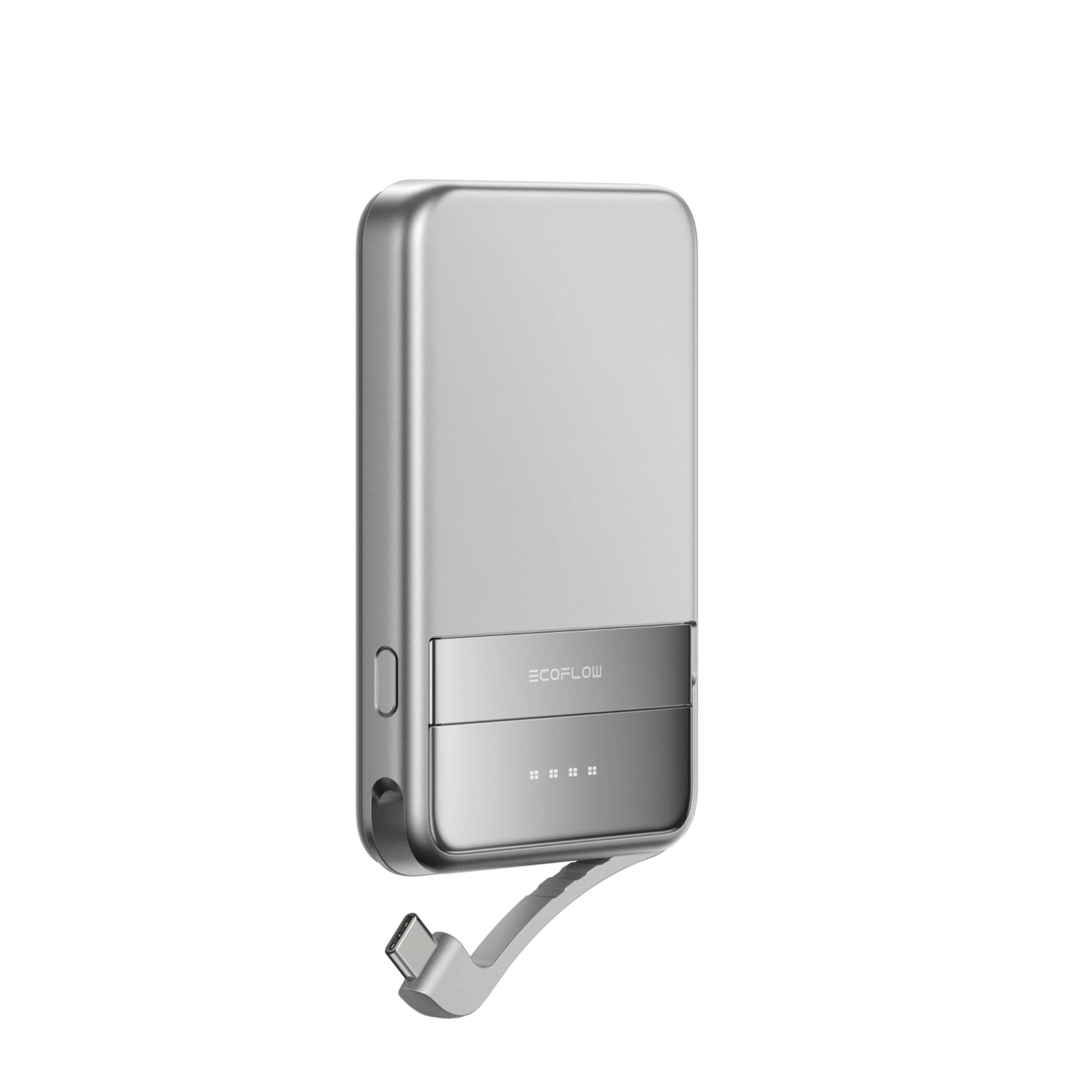 Srebrna ładowarka EcoFlow z kablem USB-C na białym tle.