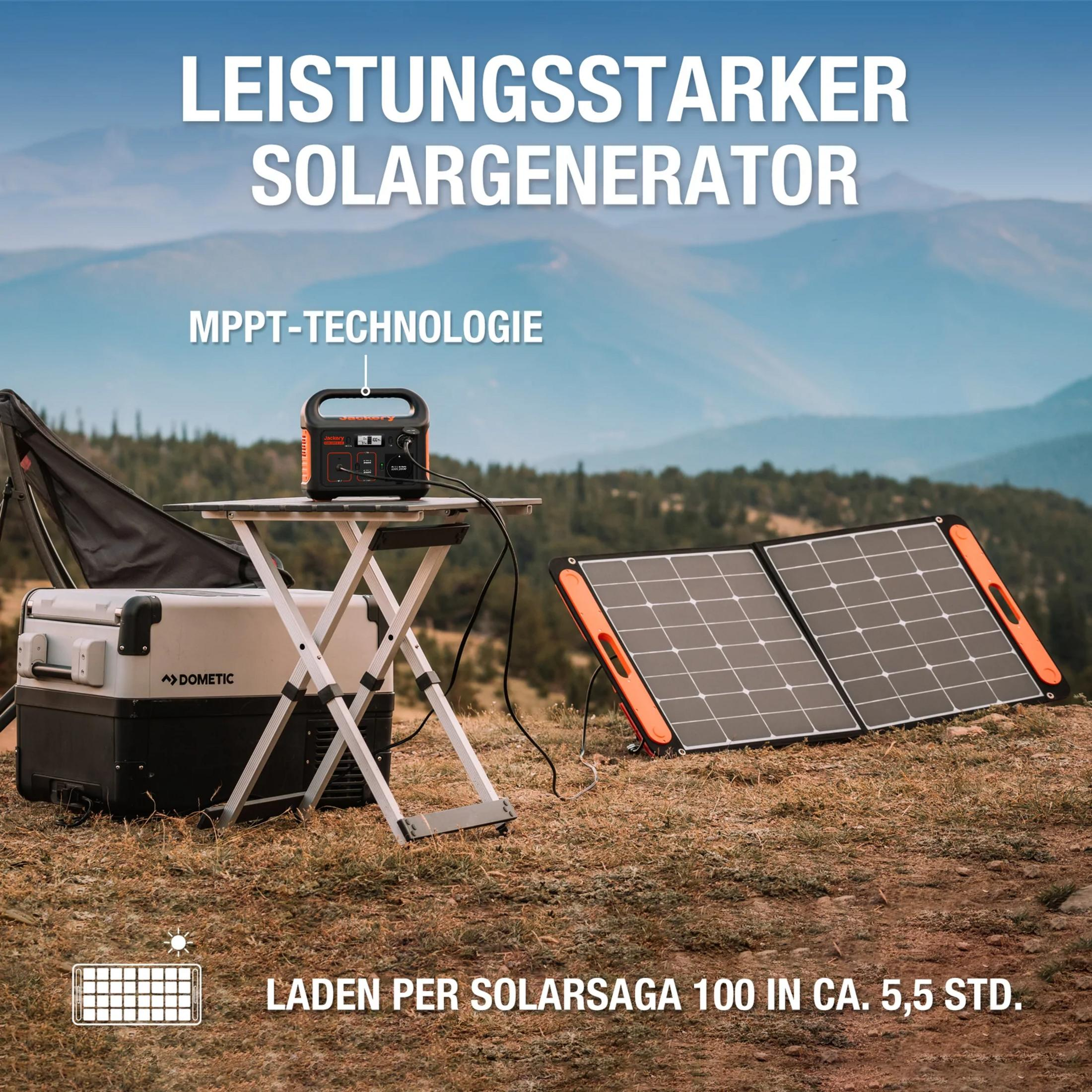 Zonne-energiegenerator met koelbox en zonnepanelen buiten.