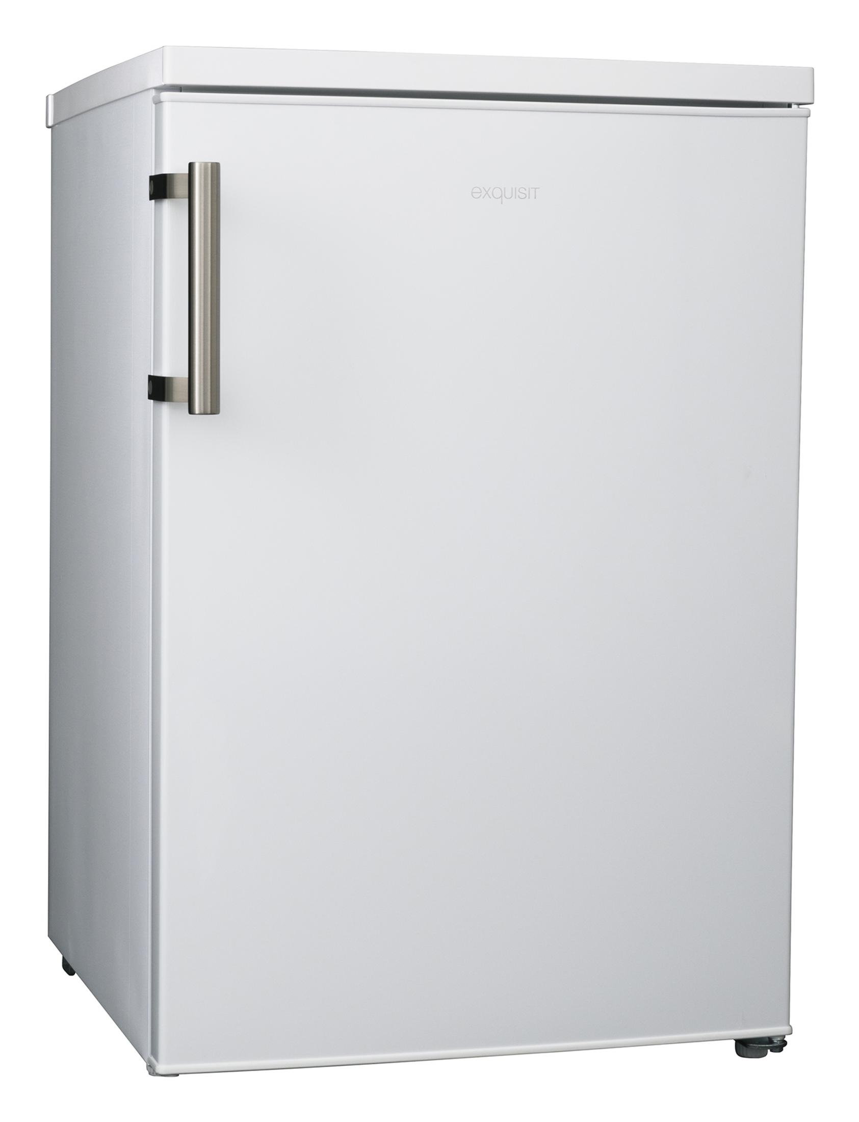 A sleek white refrigerator with a silver handle and 'exquisit' logo.