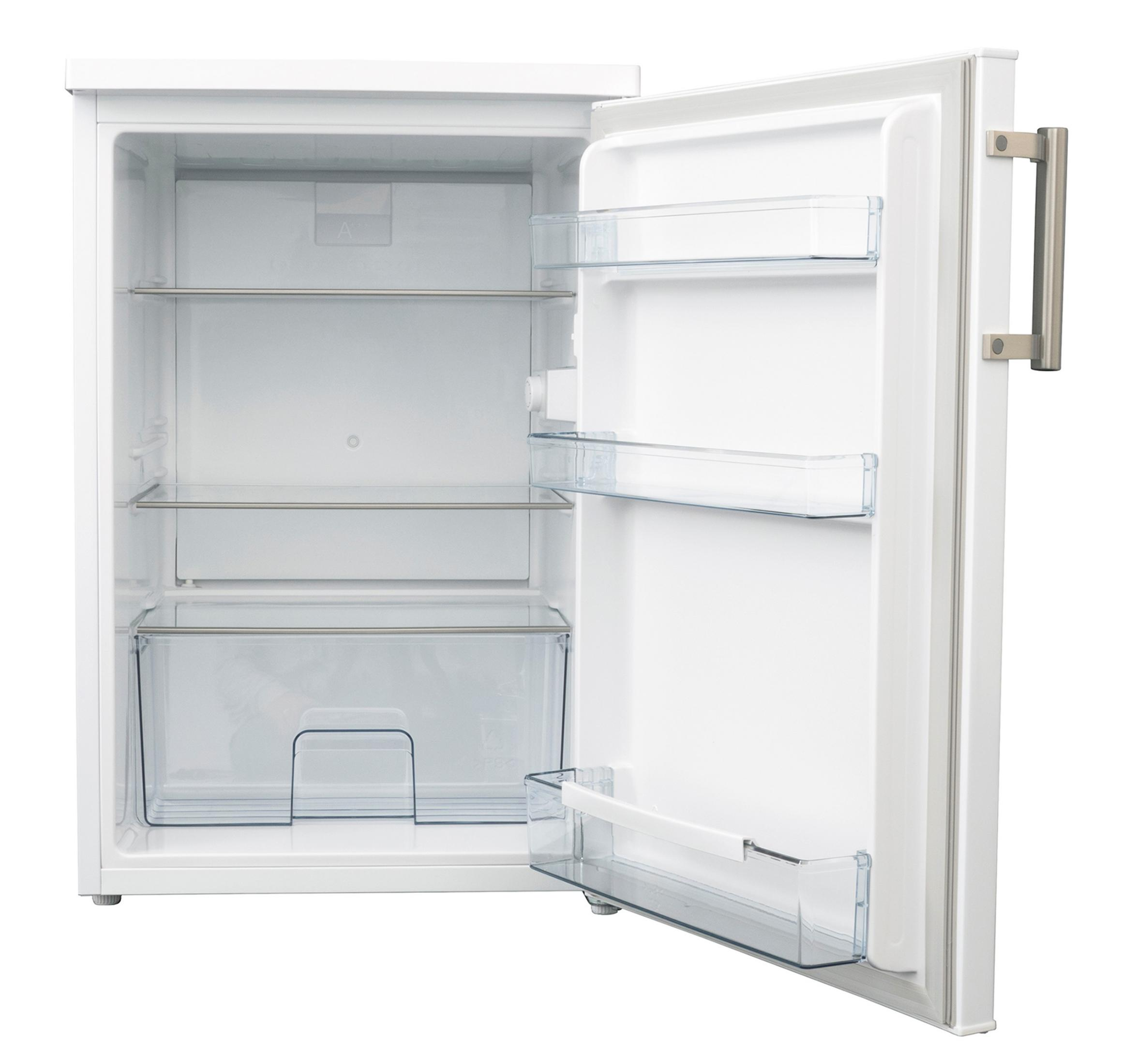 An empty white refrigerator with its door open. It has shelves and drawers inside.