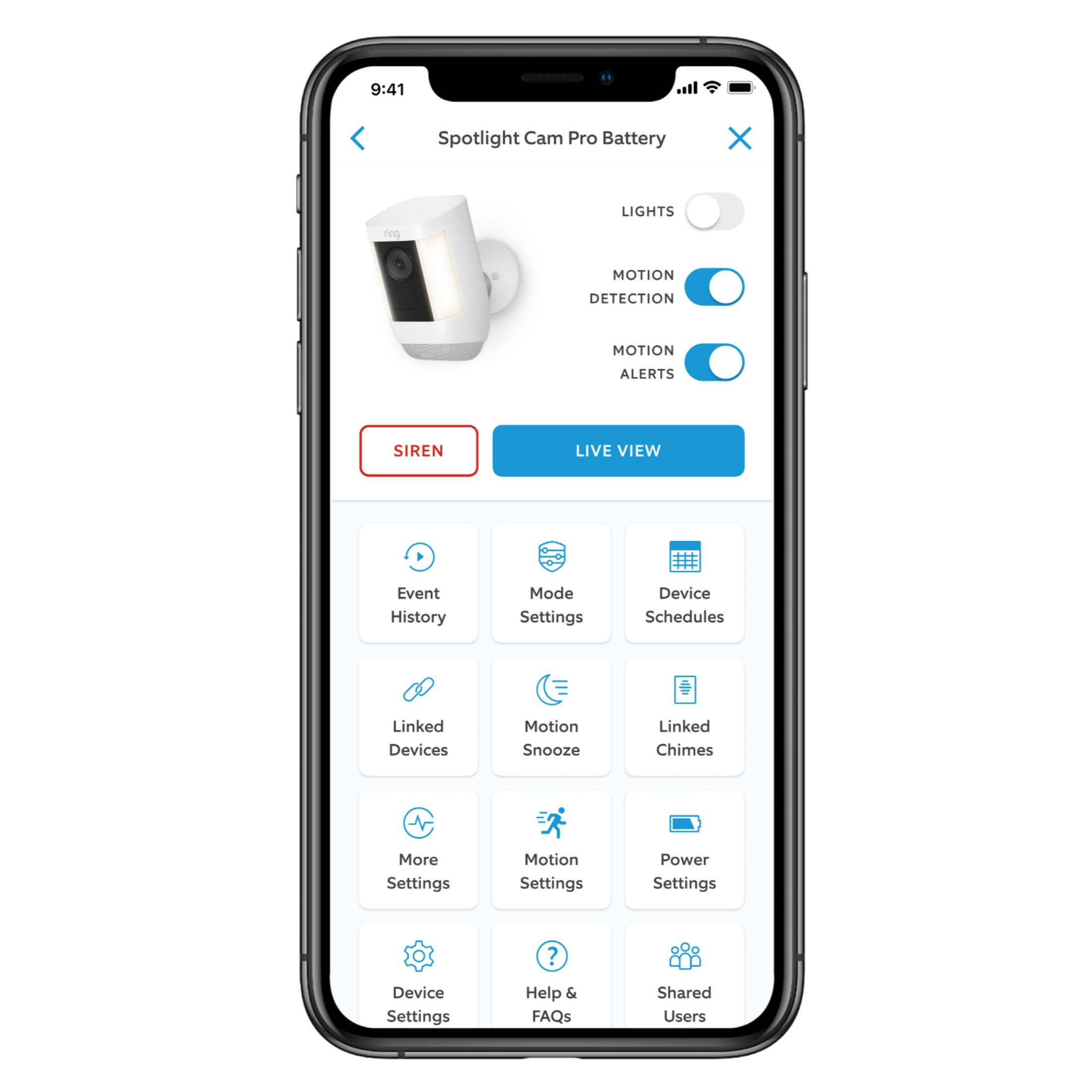 Ring Spotlight Cam Pro na ekranie telefonu z ustawieniami.