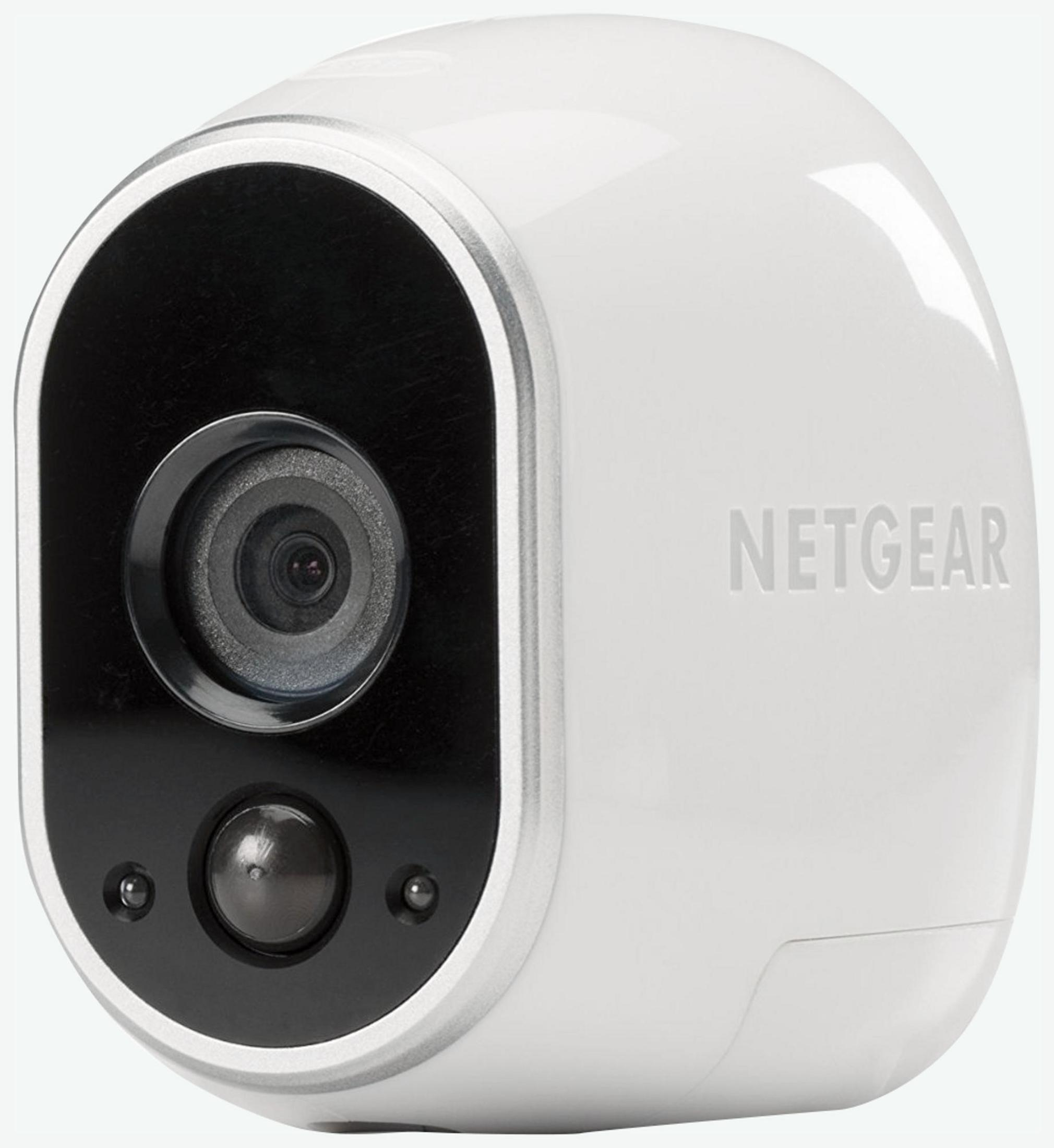 Telecamera di sicurezza NETGEAR bianca con obiettivo nero e sensore di movimento.