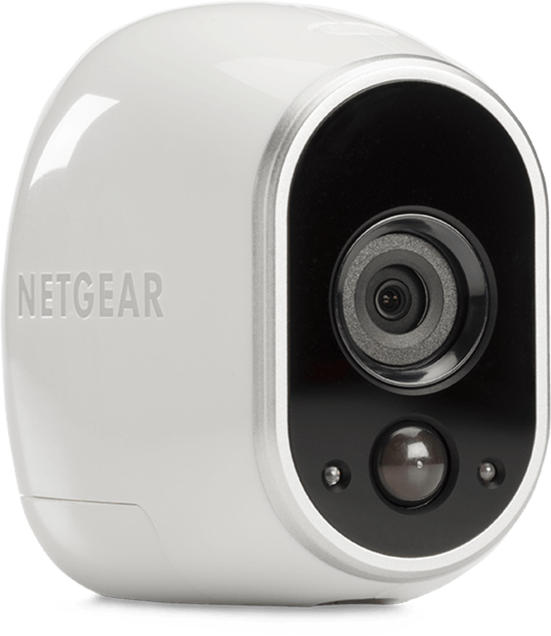 Una telecamera di sicurezza NETGEAR bianca con fronte e lente neri.