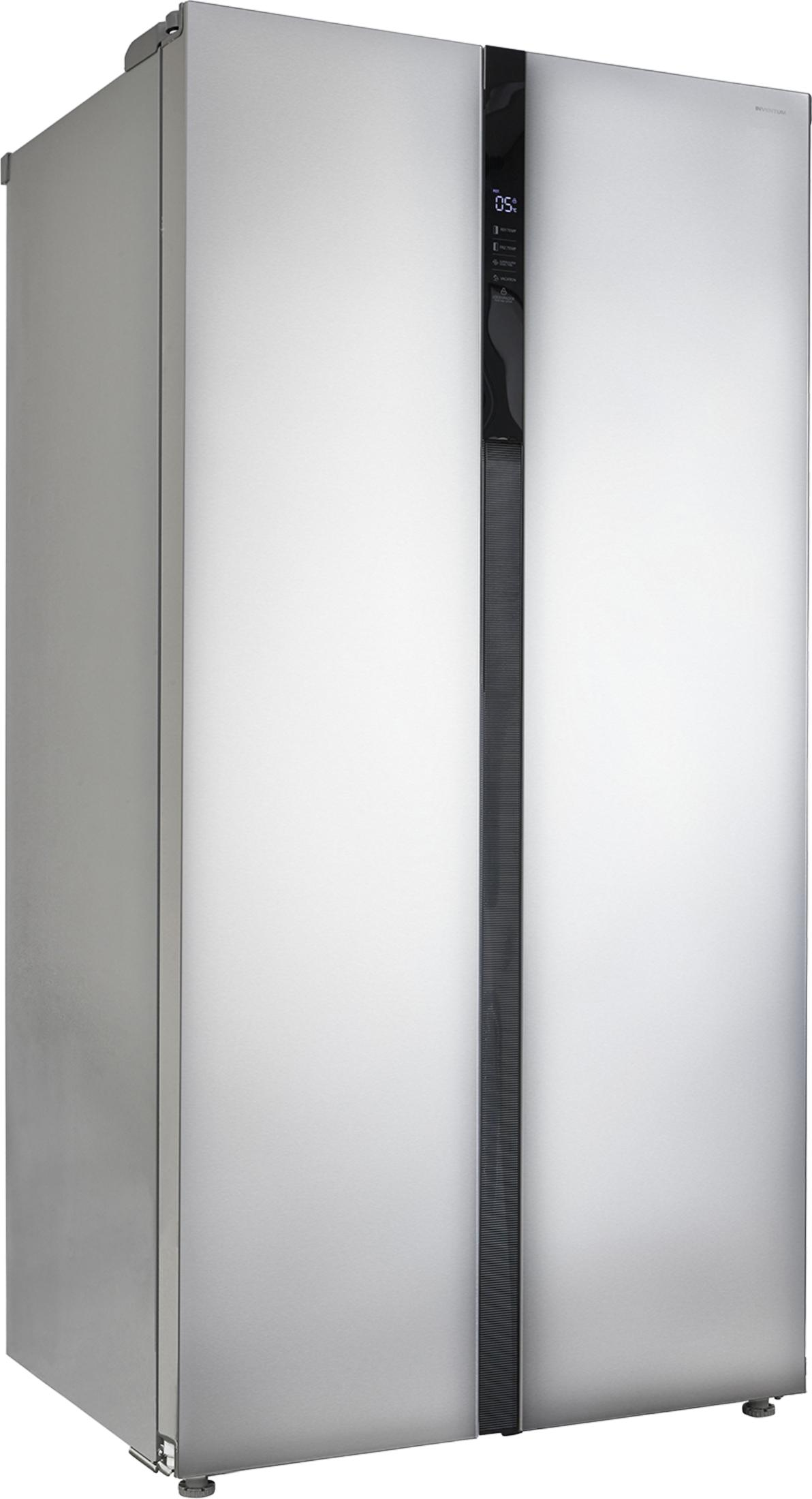 A silver double-door refrigerator with a black vertical stripe down the middle.