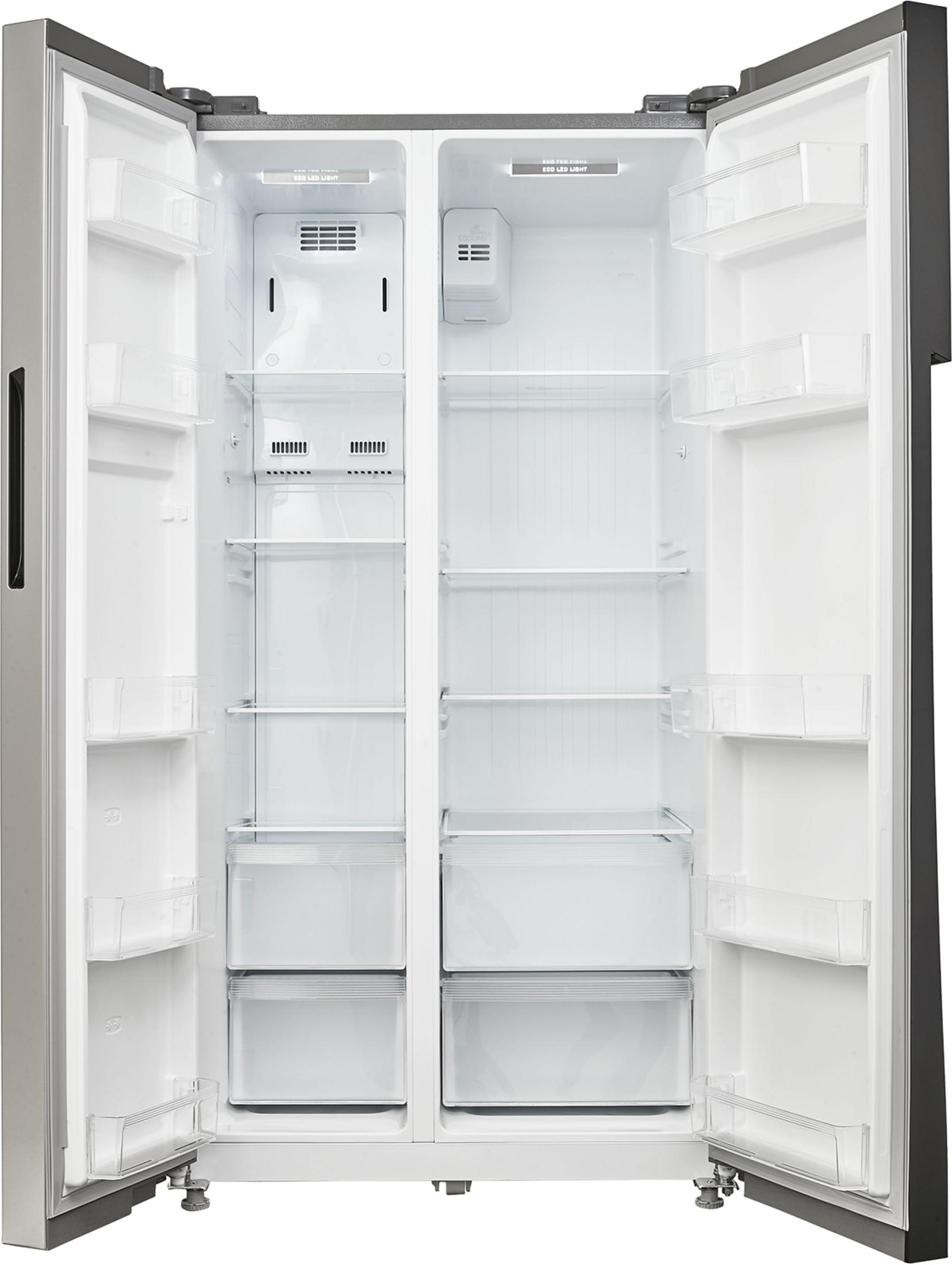 An empty, open refrigerator with two doors, shelves, and drawers.