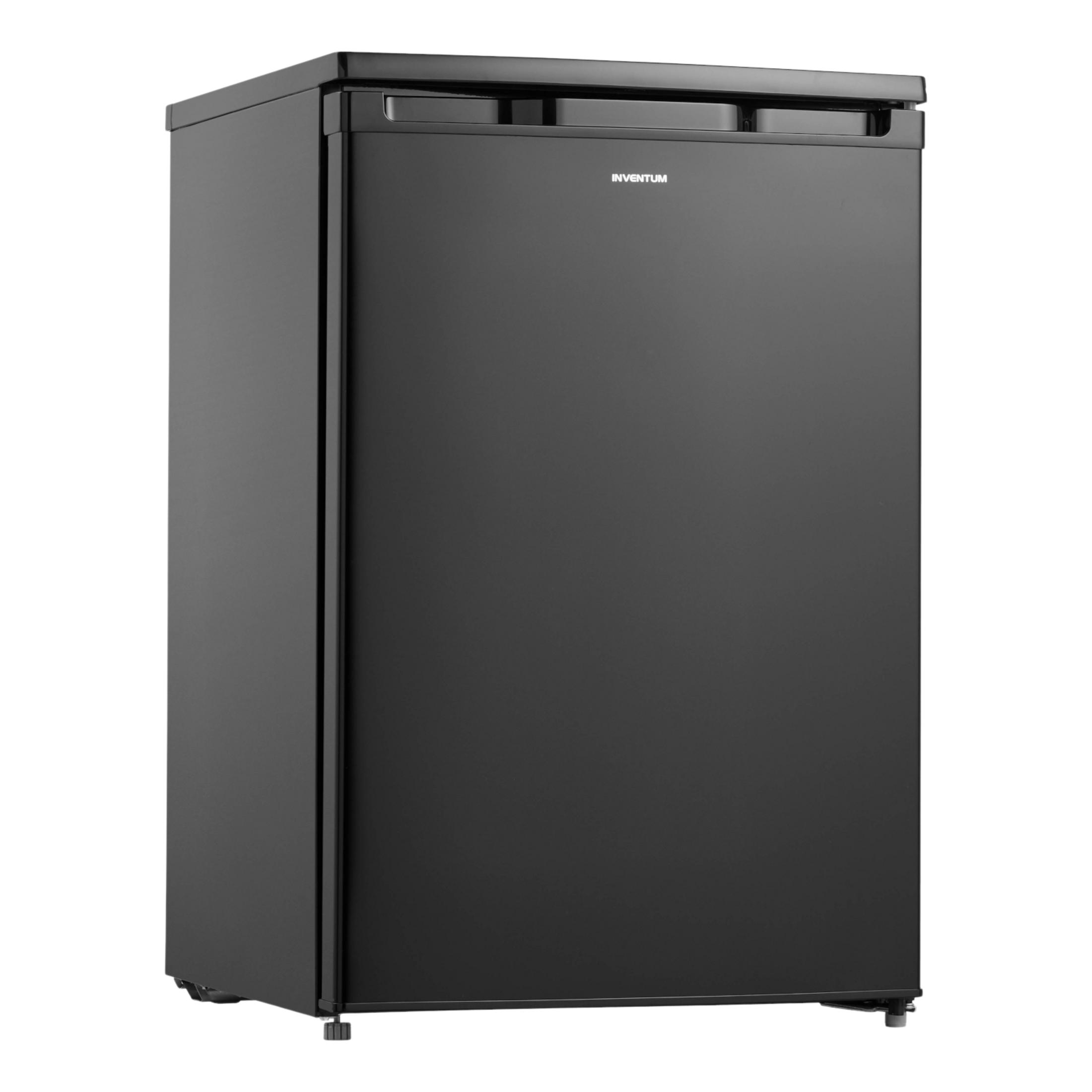 A black, upright refrigerator with the Inventum brand name on the door top.