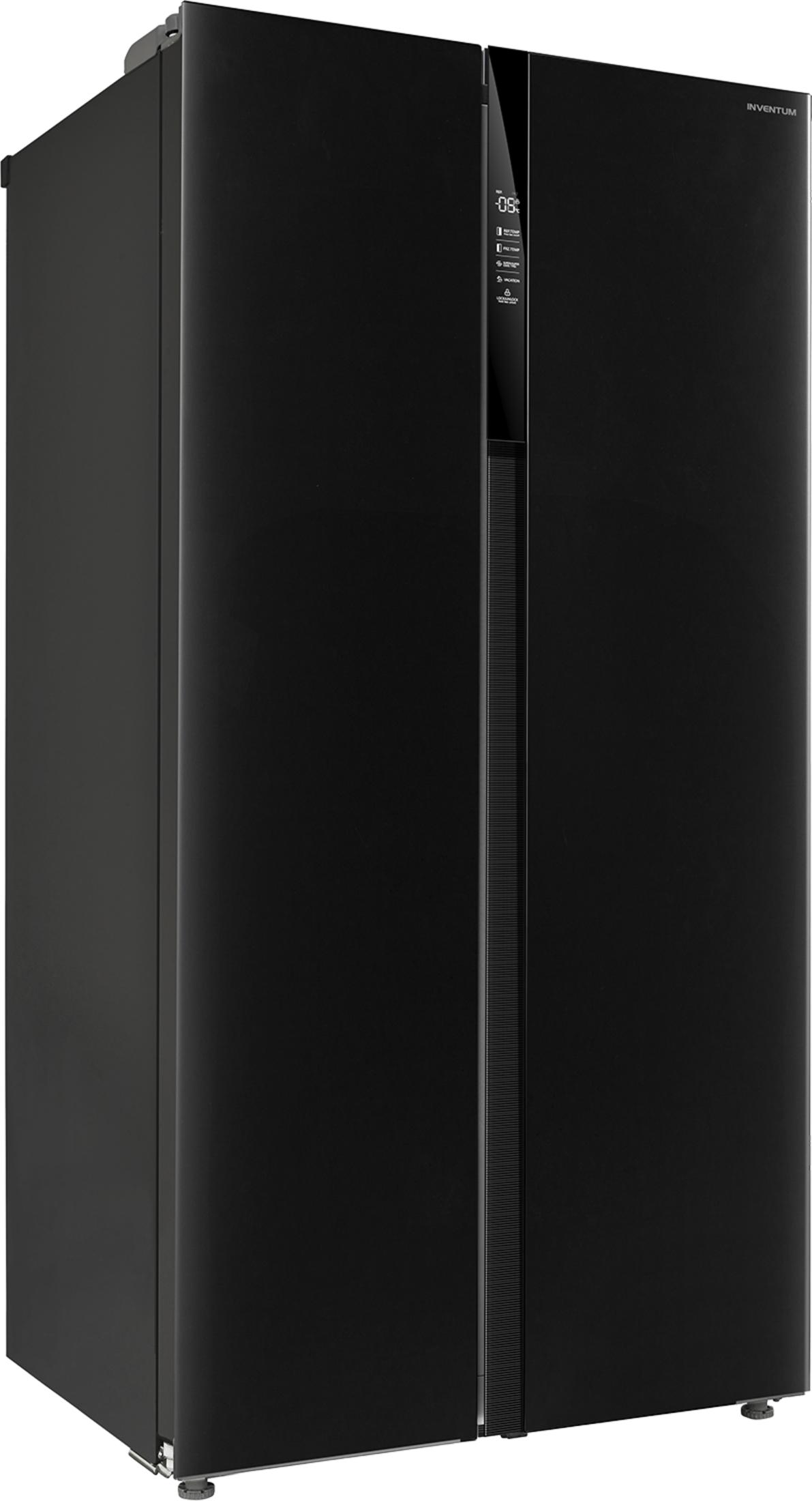 A black, side-by-side refrigerator with a digital display on the door.