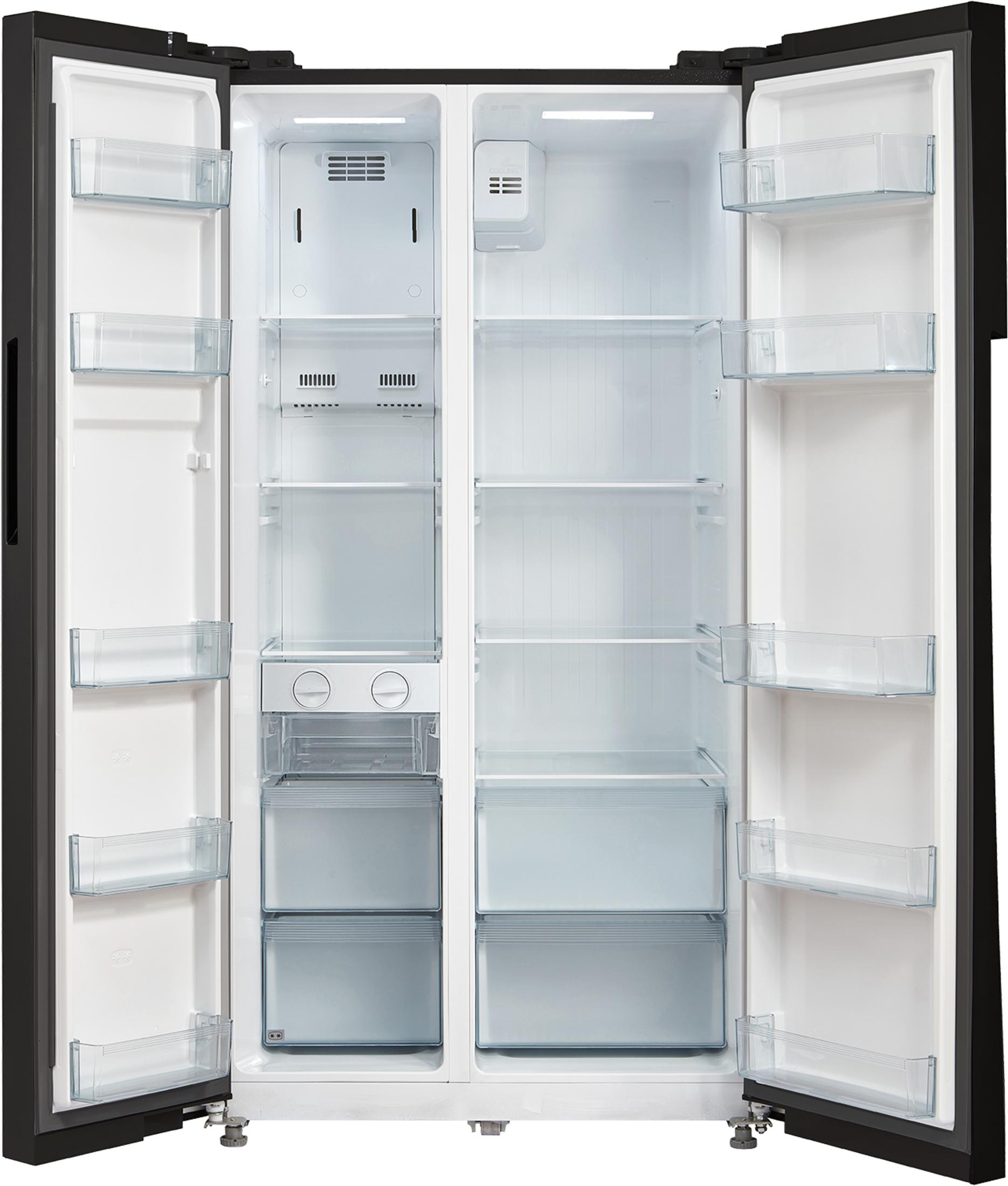 An open, empty double-door refrigerator with glass shelves and drawers.