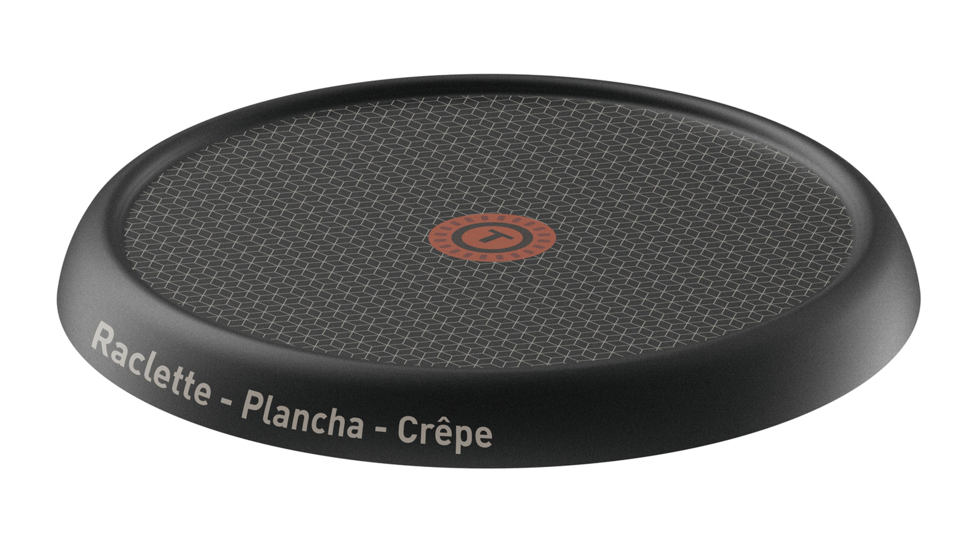 Eine runde, schwarze Raclette-Plancha-Crêpe-Pfanne mit Muster und rotem Logo.