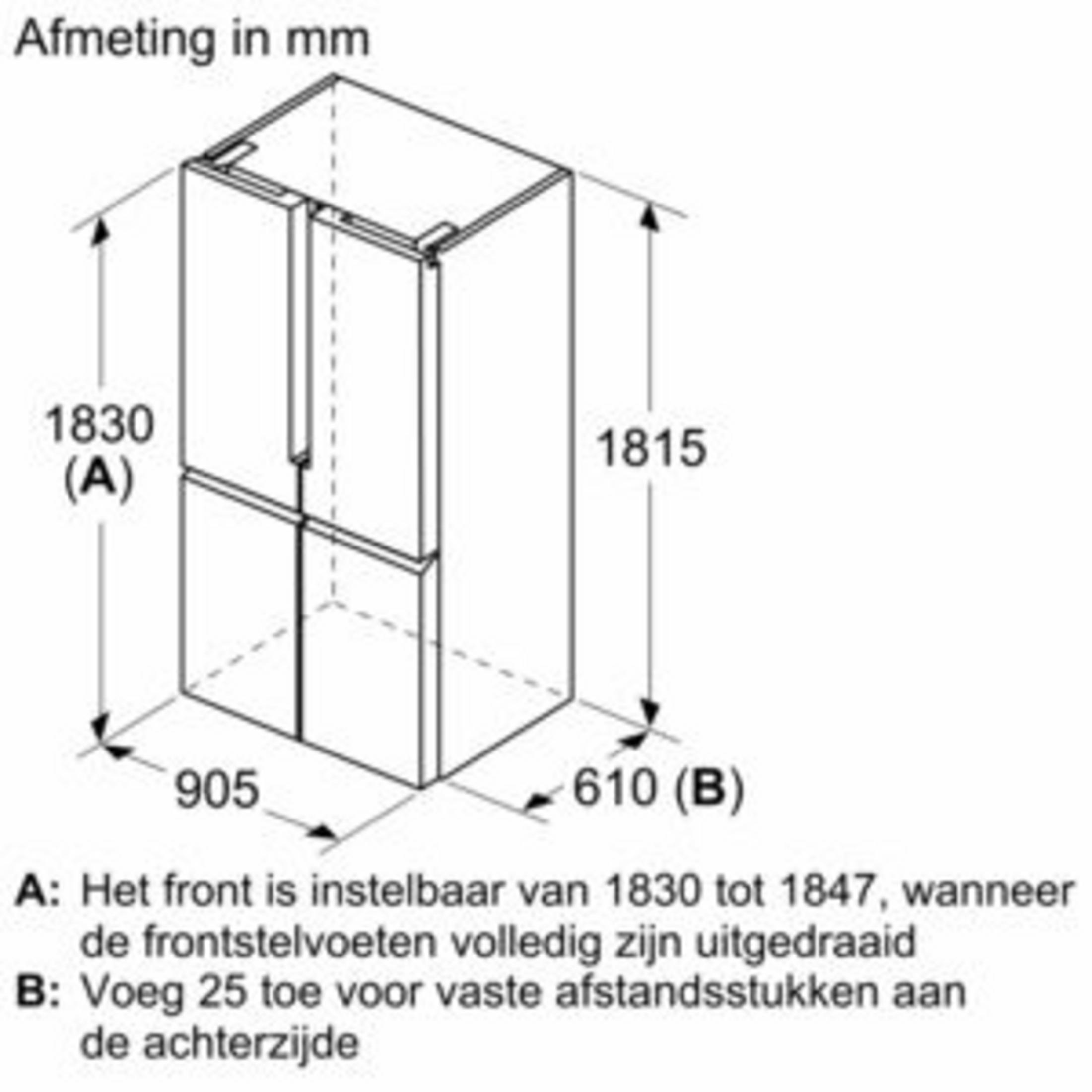 Technische tekening van een koelkast met afmetingen in mm.