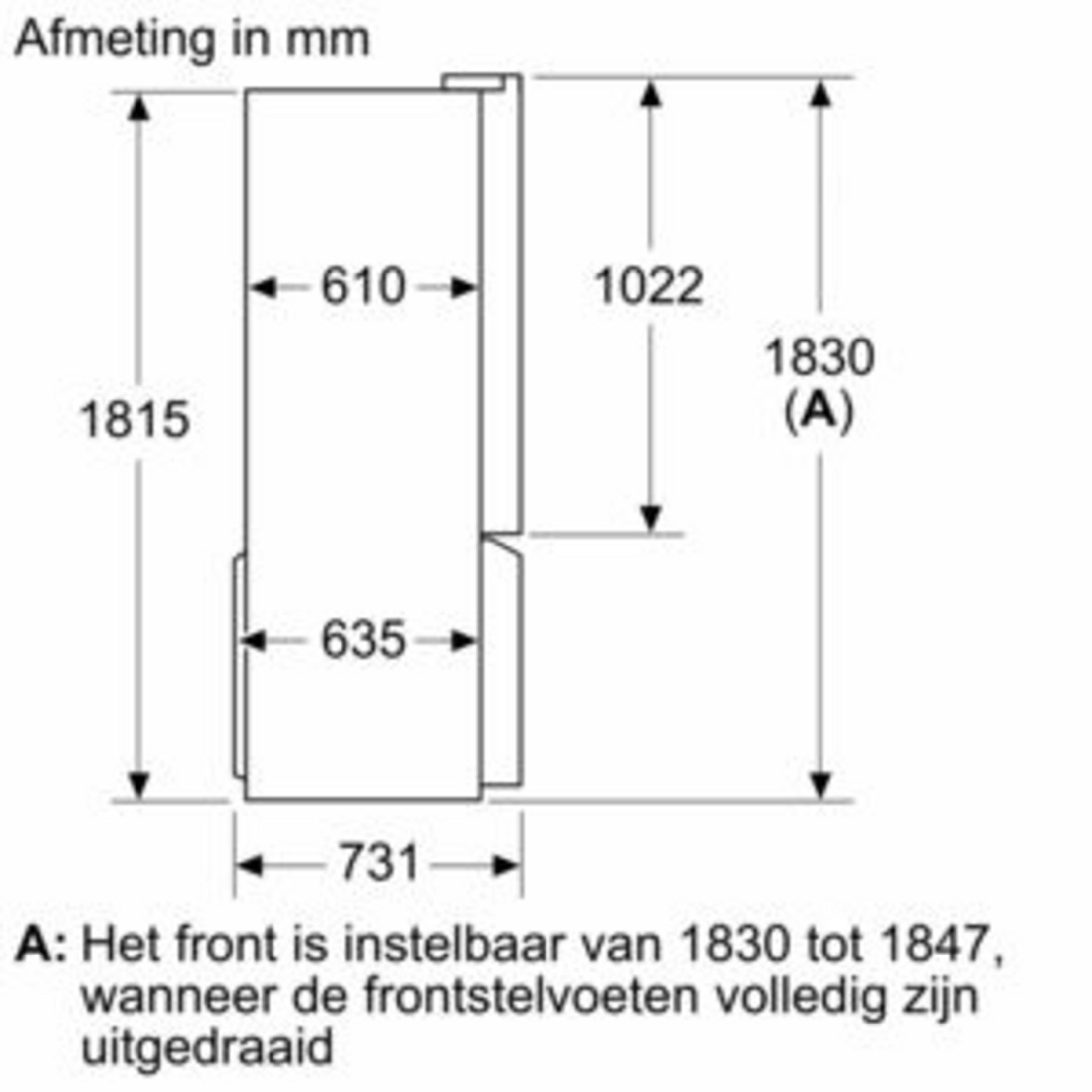 Technische tekening van een koelkast met afmetingen. Hoogte 1815mm, breedte 610mm, diepte 731mm.