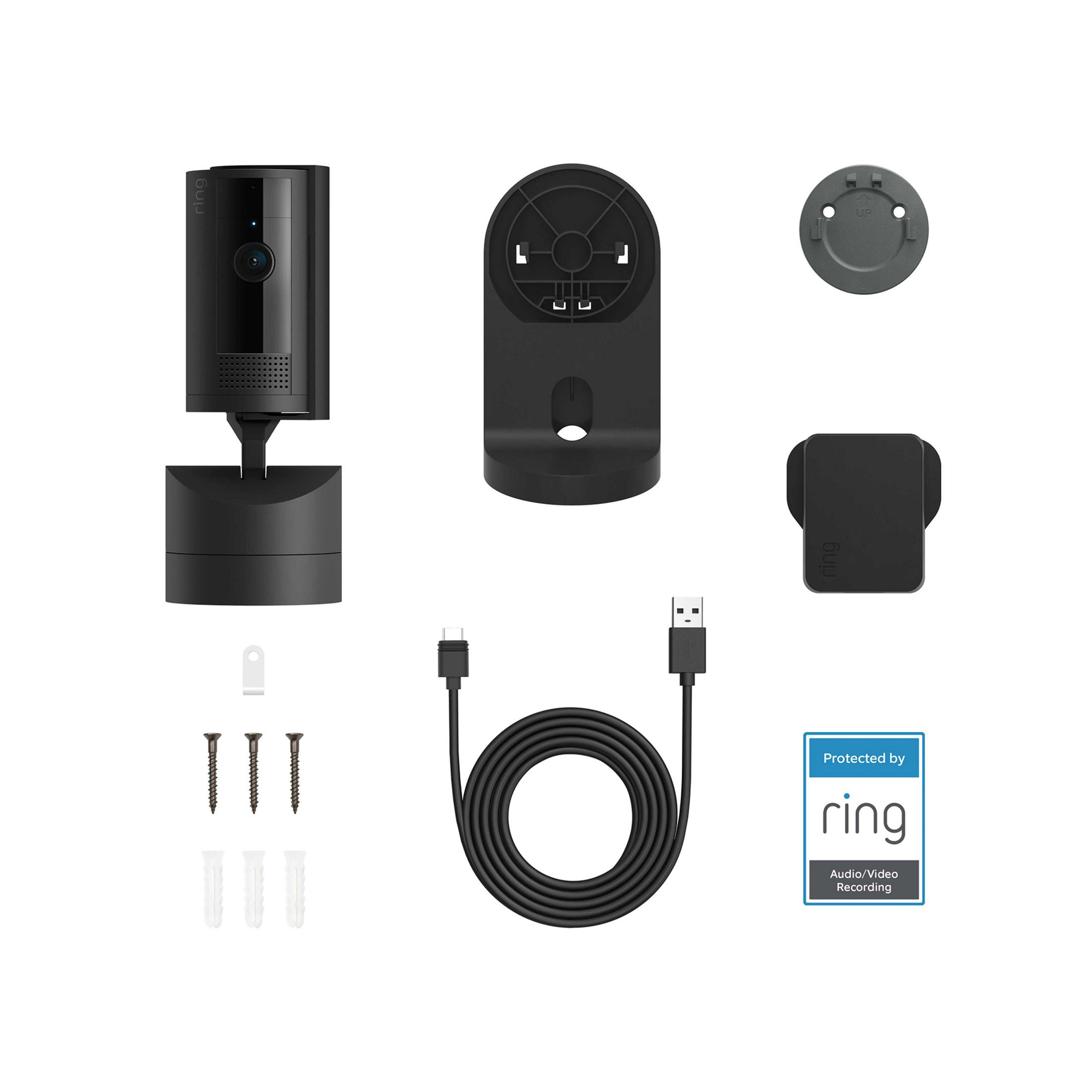 Cámara Ring con soporte, cable, tornillos y pegatina.
