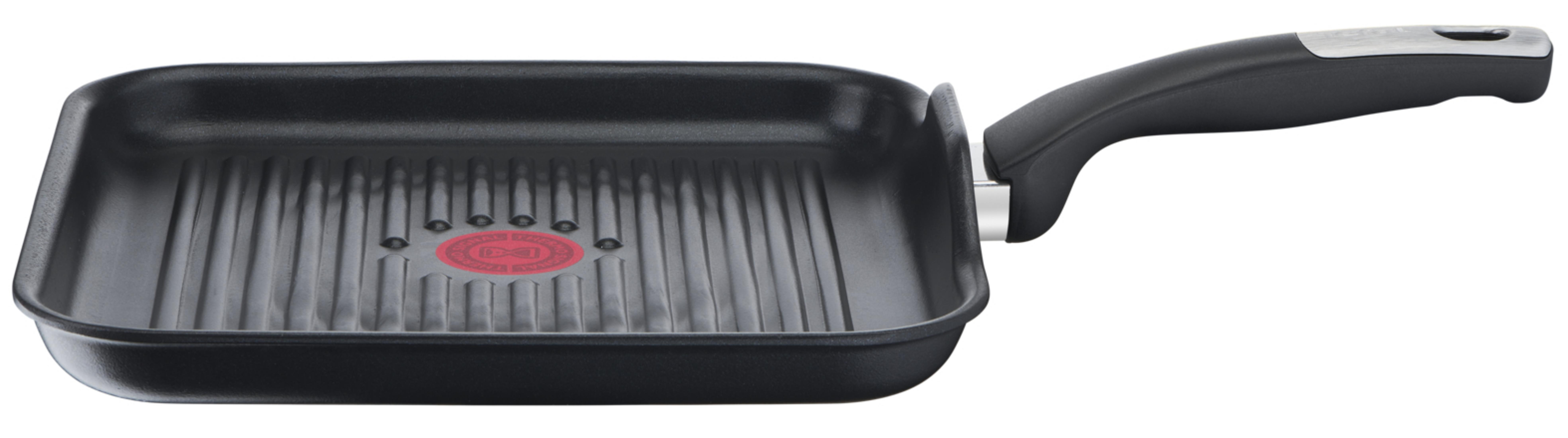 Eine schwarze Grillpfanne mit geripptem Boden und schwarzem Griff.