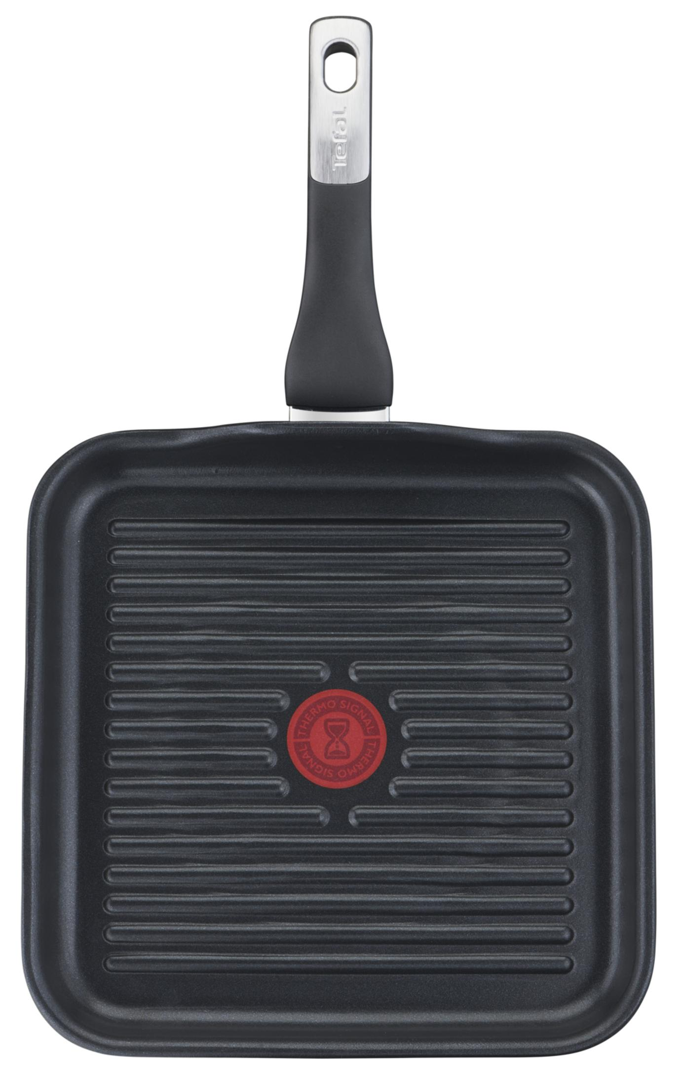 Schwarze Grillpfanne mit gerippter Oberfläche und rotem Thermo-Signal-Logo.