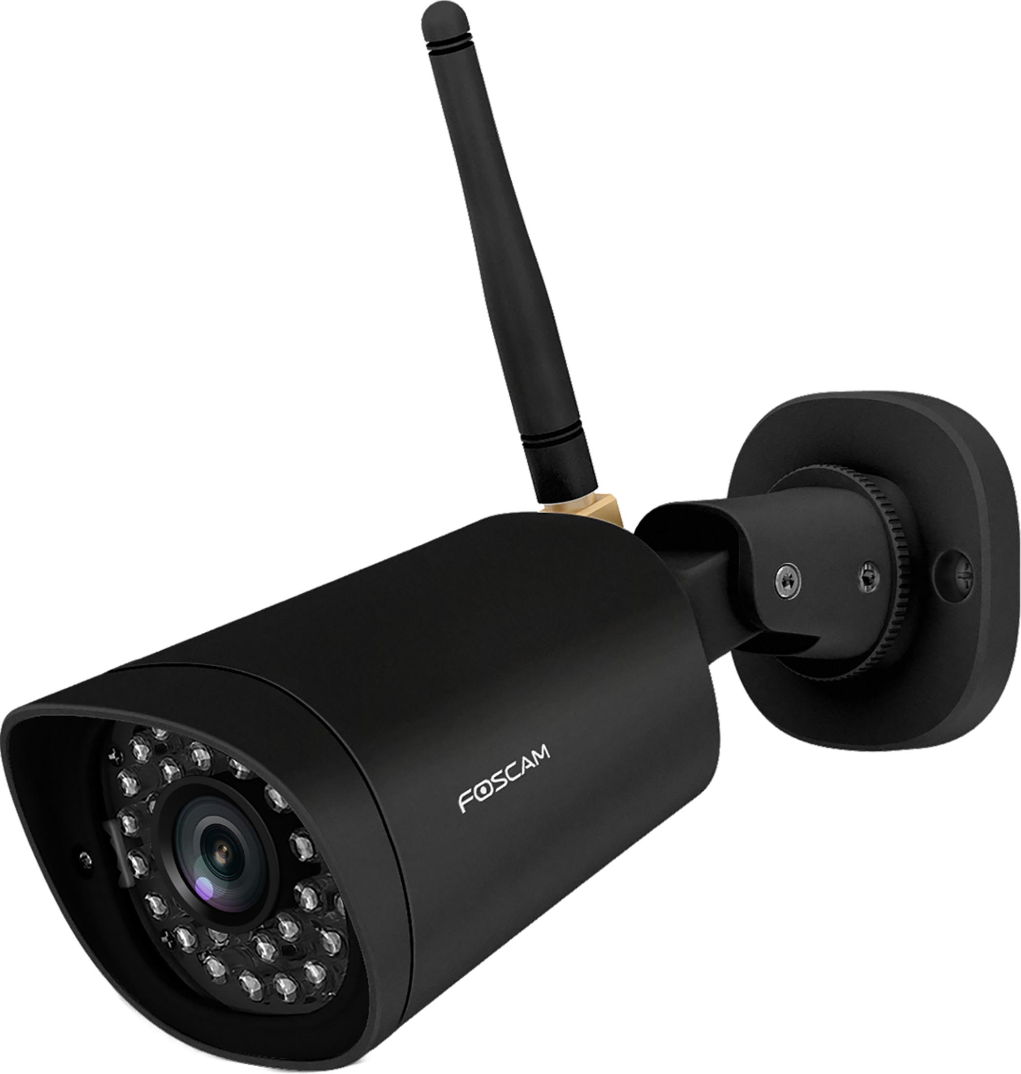 A black security camera with an antenna, mounted on a wall.