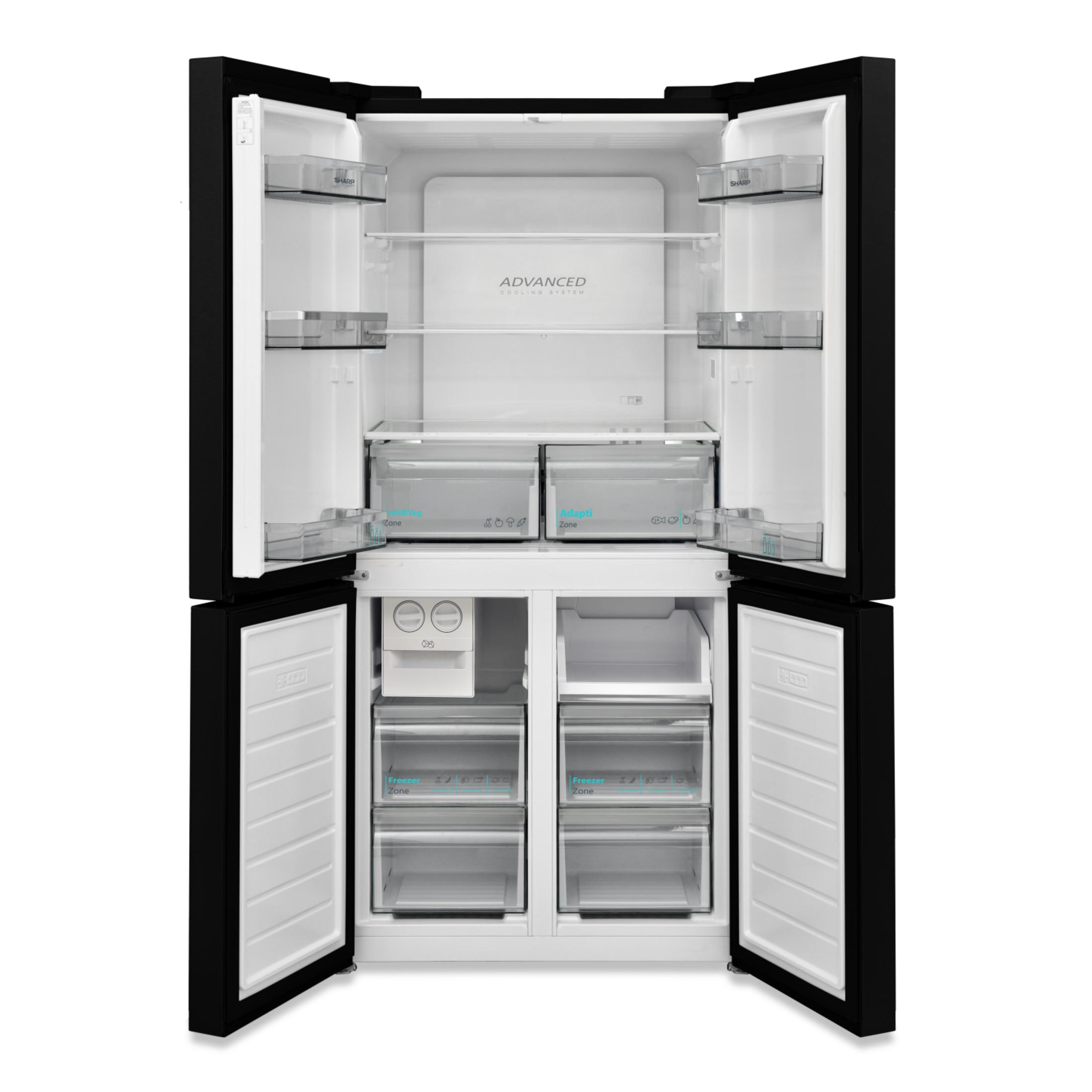 An open black refrigerator with multiple shelves and drawers.