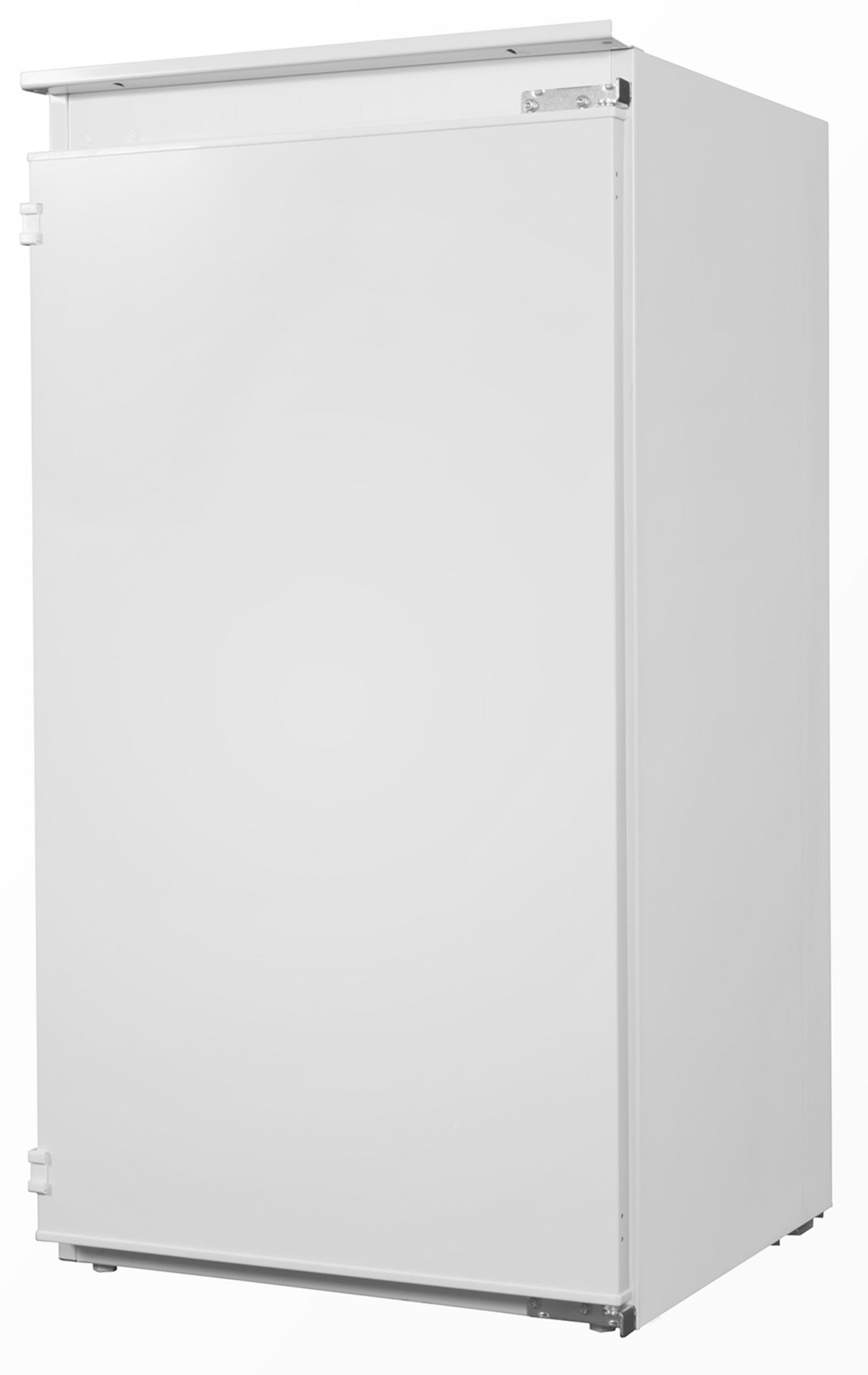 A white, upright refrigerator with silver hinges on the left door.