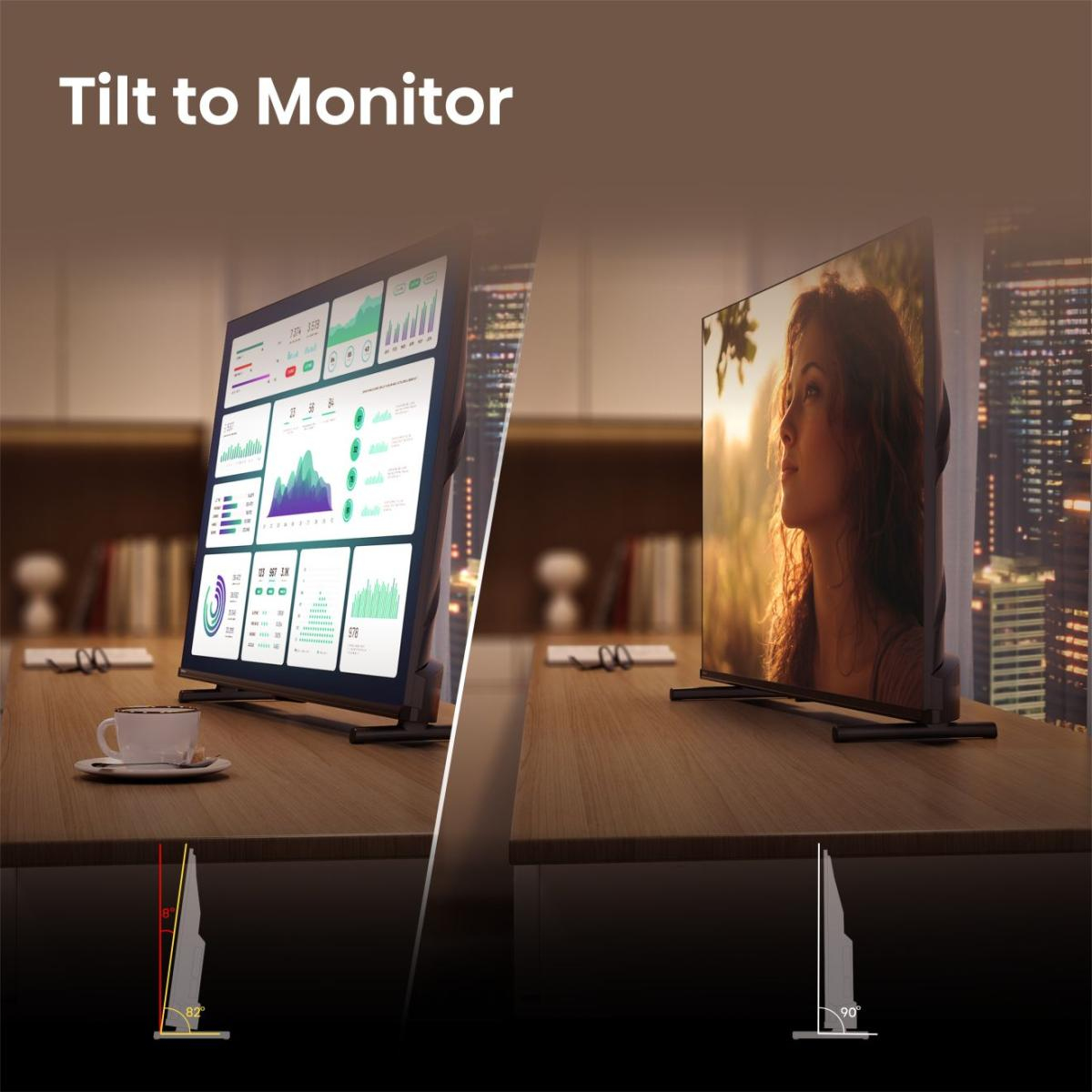 Monitor inclinato. Sinistra: grafici, destra: donna su skyline città.