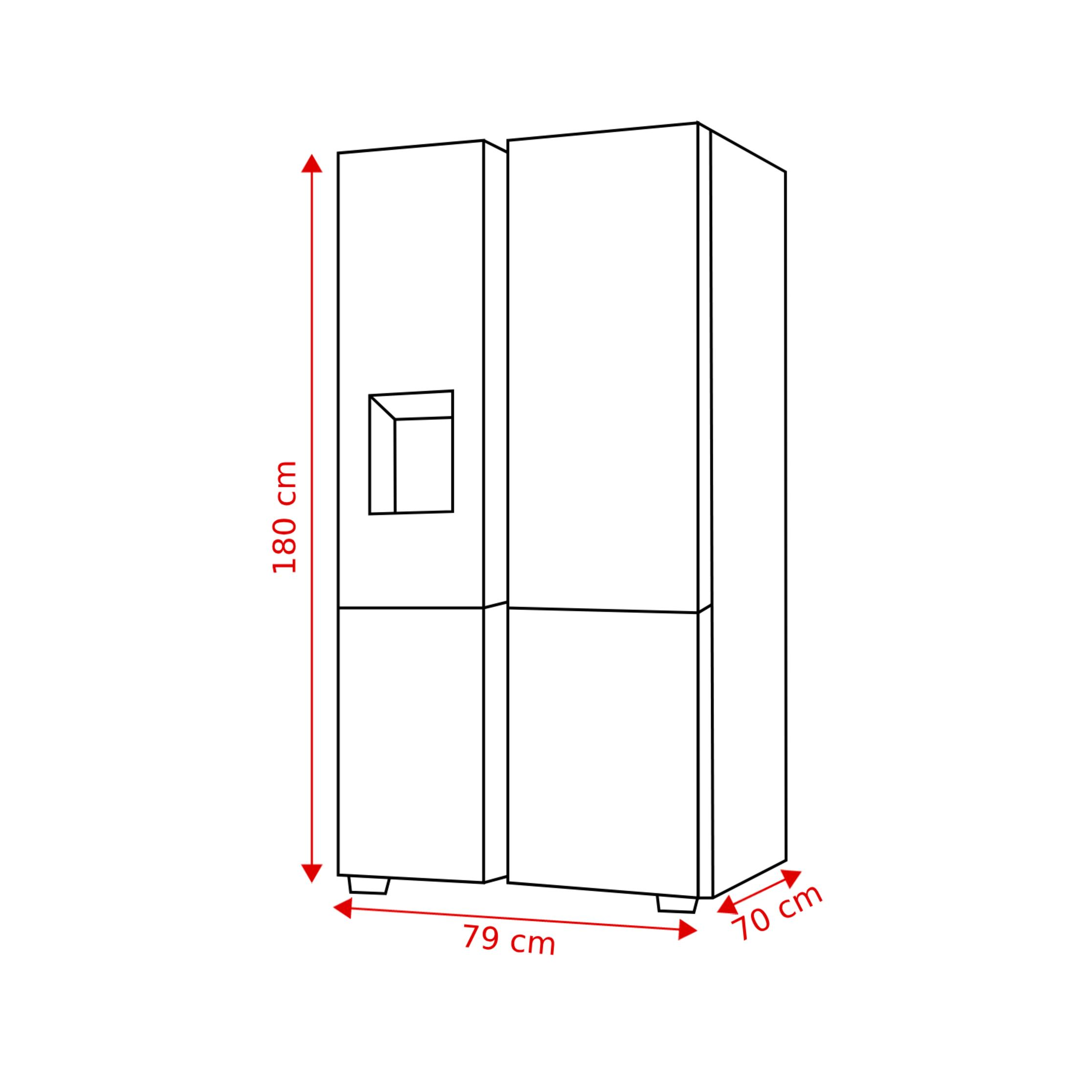 A refrigerator with dimensions 180x79x70 cm, featuring a water dispenser.