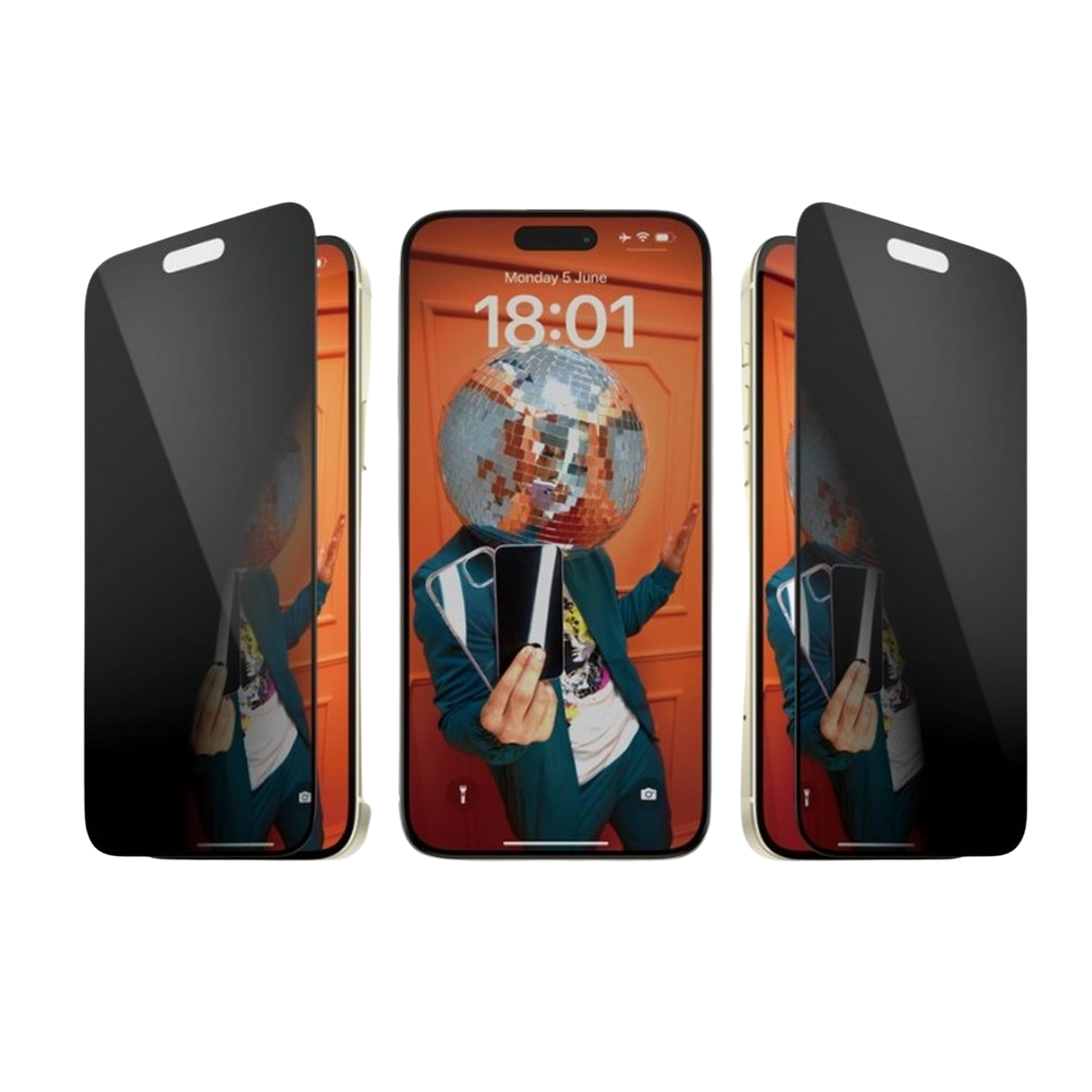 Trois iPhones affichant un motif de tête de boule disco. L'un indique 18:01.