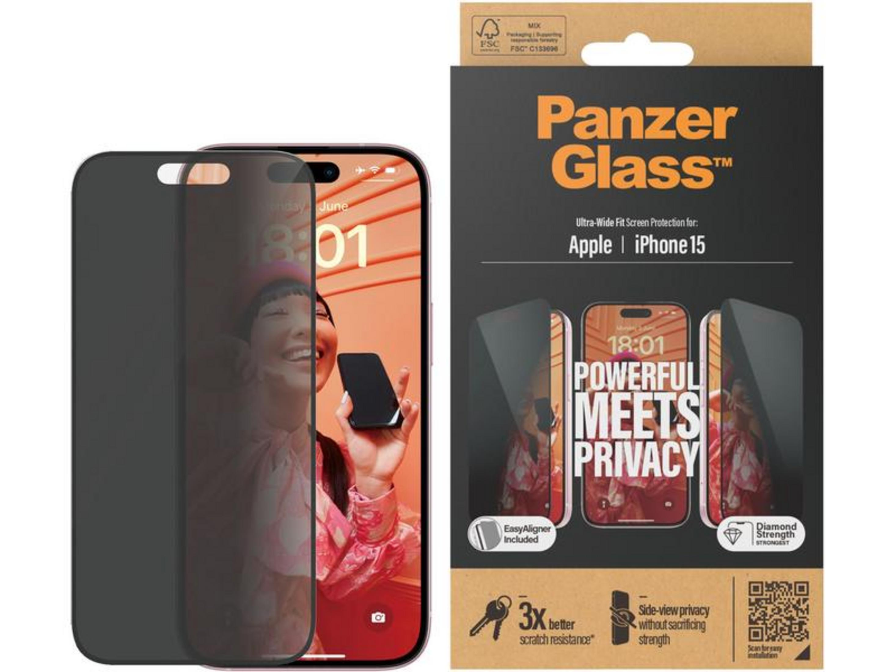 PANZERGLASS iPhone 15 | Ultra-Wide Fit Çerçeve Aparatlı Gizli/Hayalet Ekran Koruyucu Ekran Koruyucu