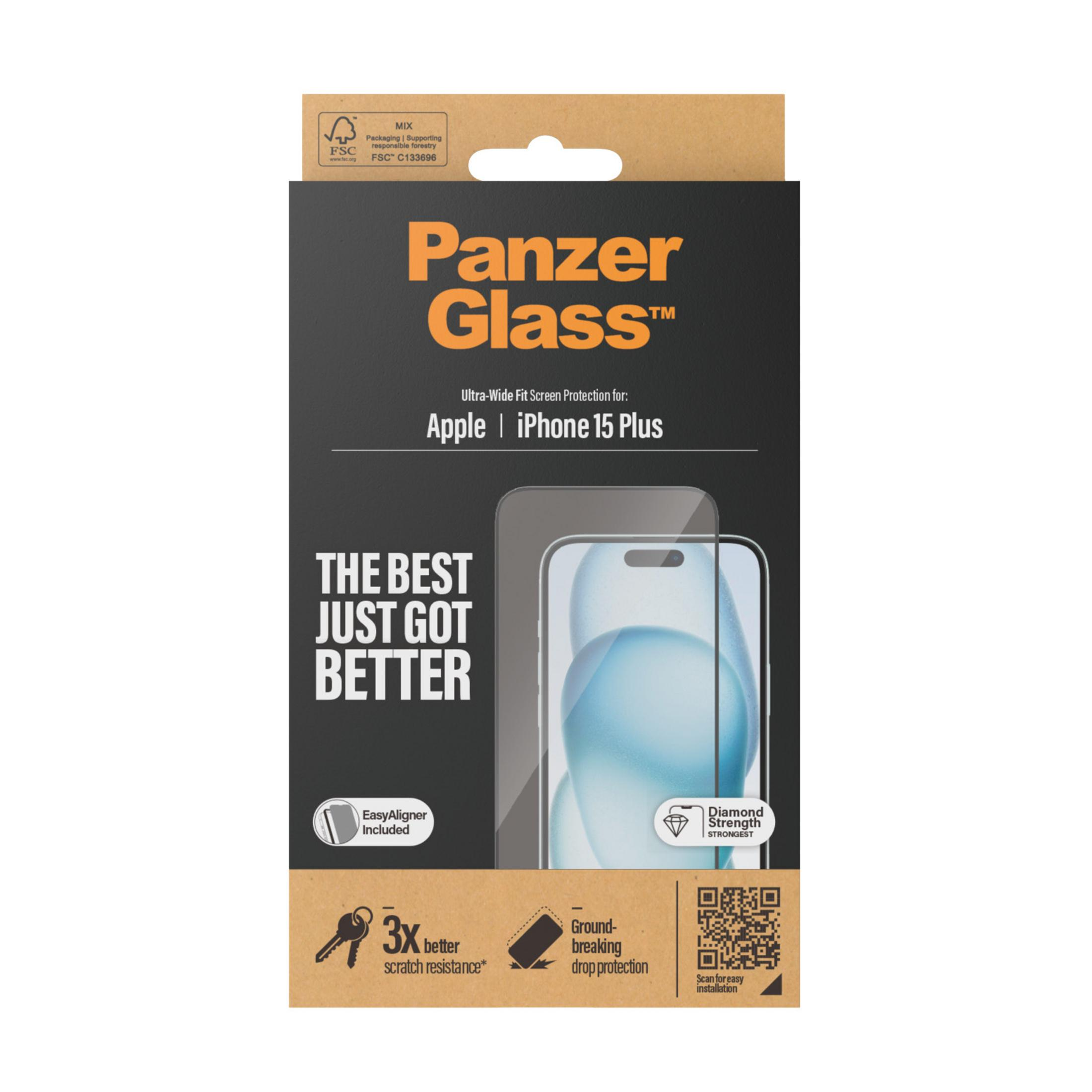Protezione schermo Panzer Glass per iPhone 15 Plus, 3 volte più resistente.