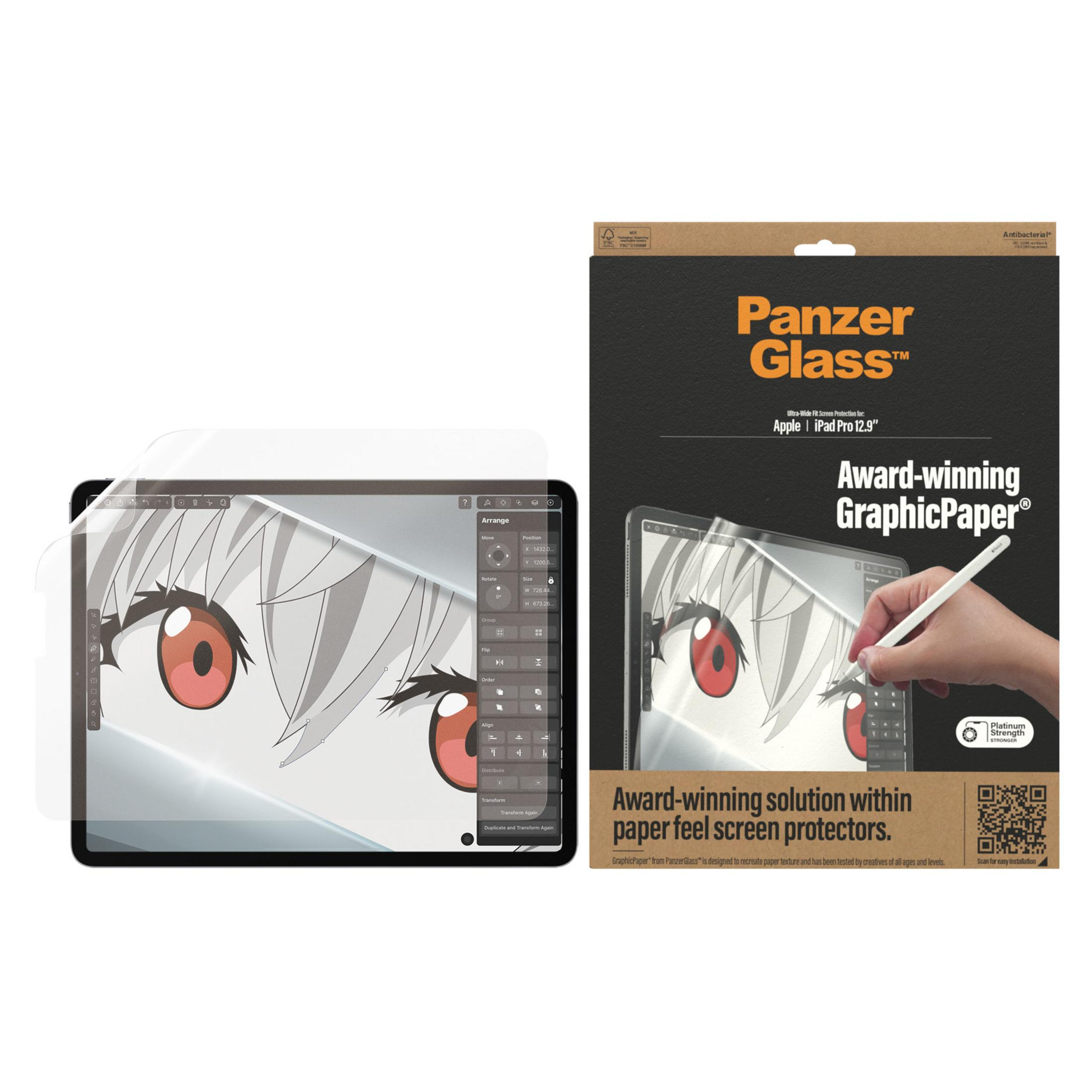 Tablet z okiem w stylu anime pod folią ochronną. Obok opakowanie.