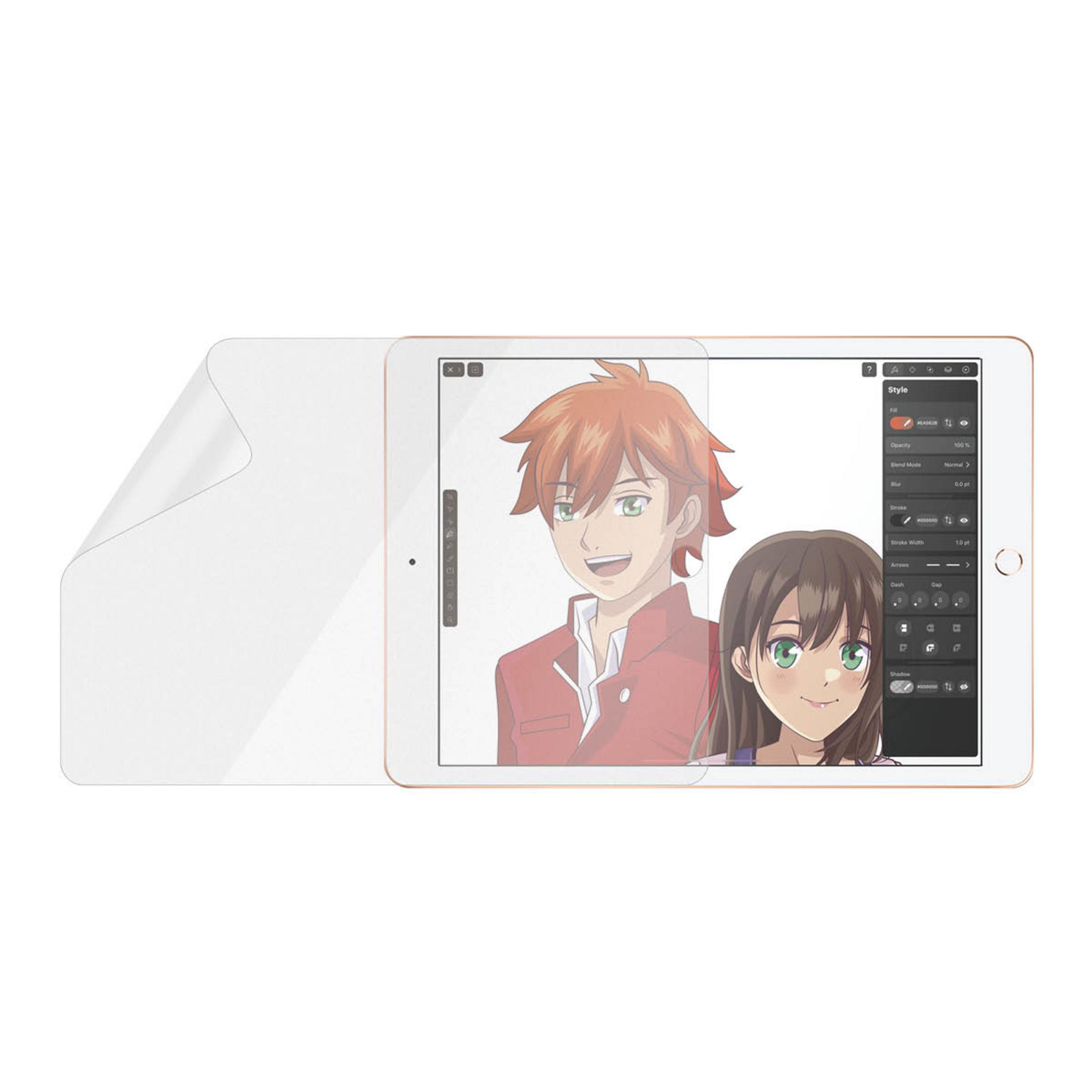 Tablet wyświetla grafikę anime z narzędziami do edycji. Widoczni chłopiec i dziewczynka.
