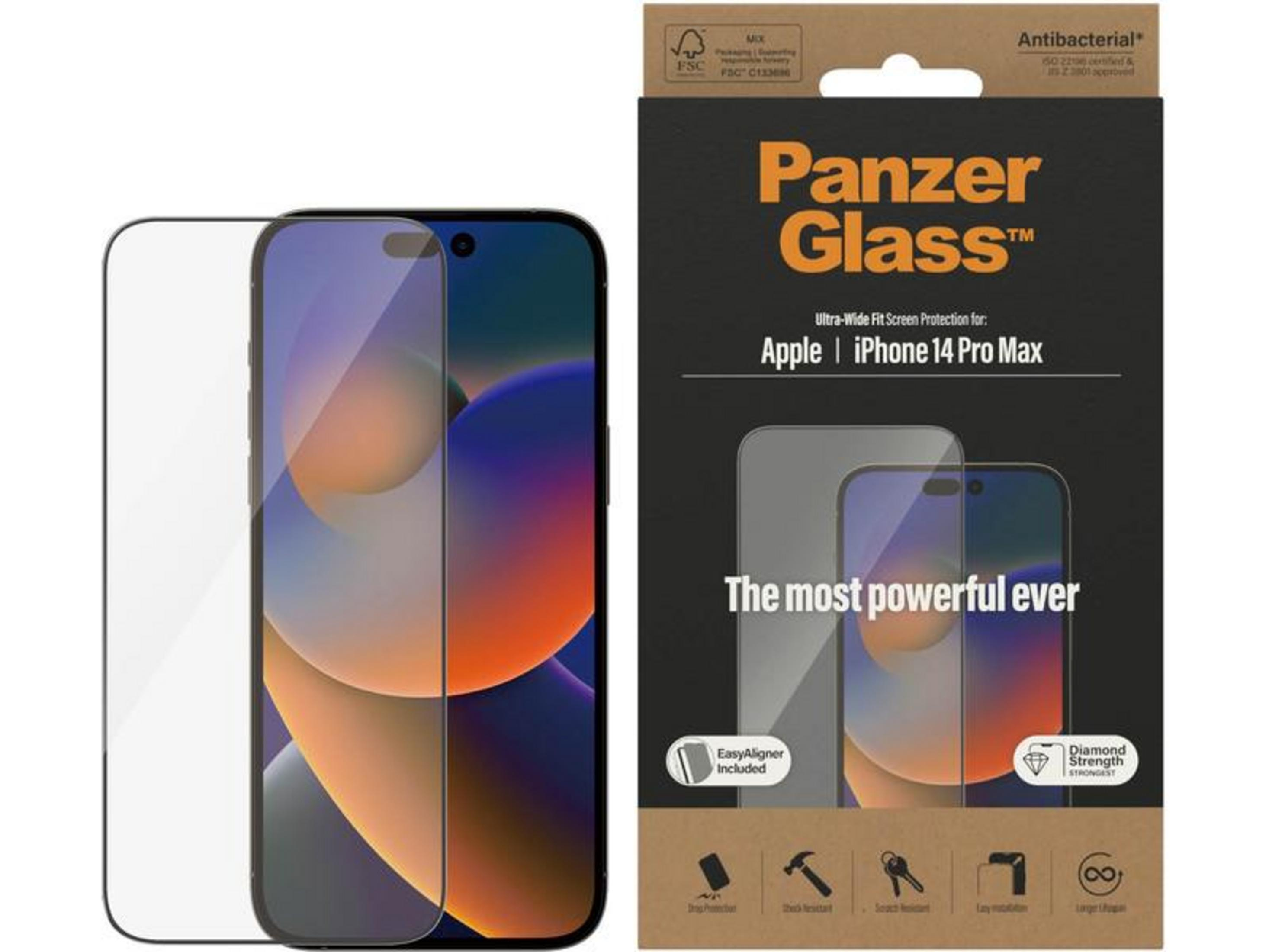 Confezione con protezione schermo Panzer Glass per iPhone 14 Pro Max e grafica telefono.