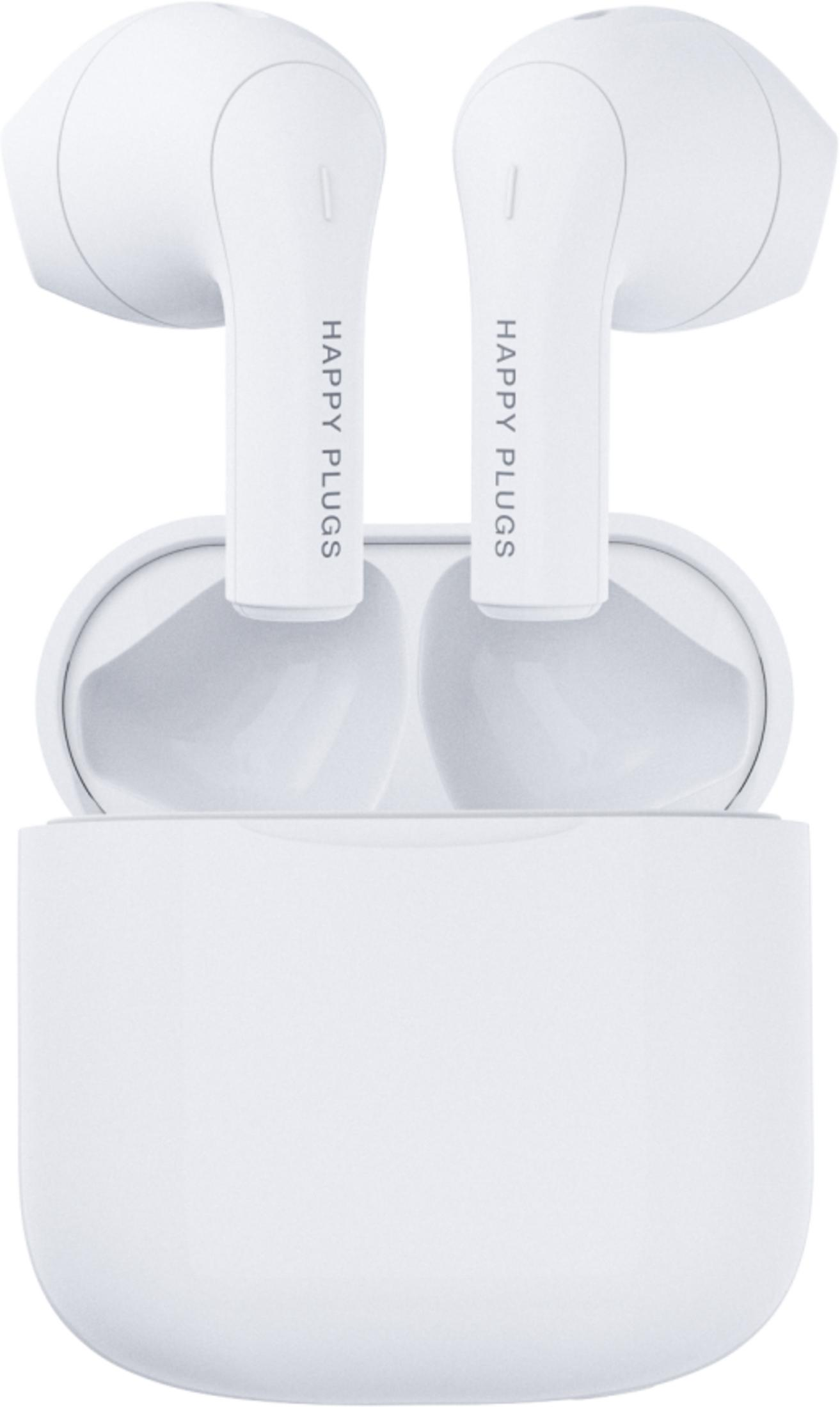 Weiße kabellose Kopfhörer mit Ladecase. Beschriftung „Happy Plugs“.
