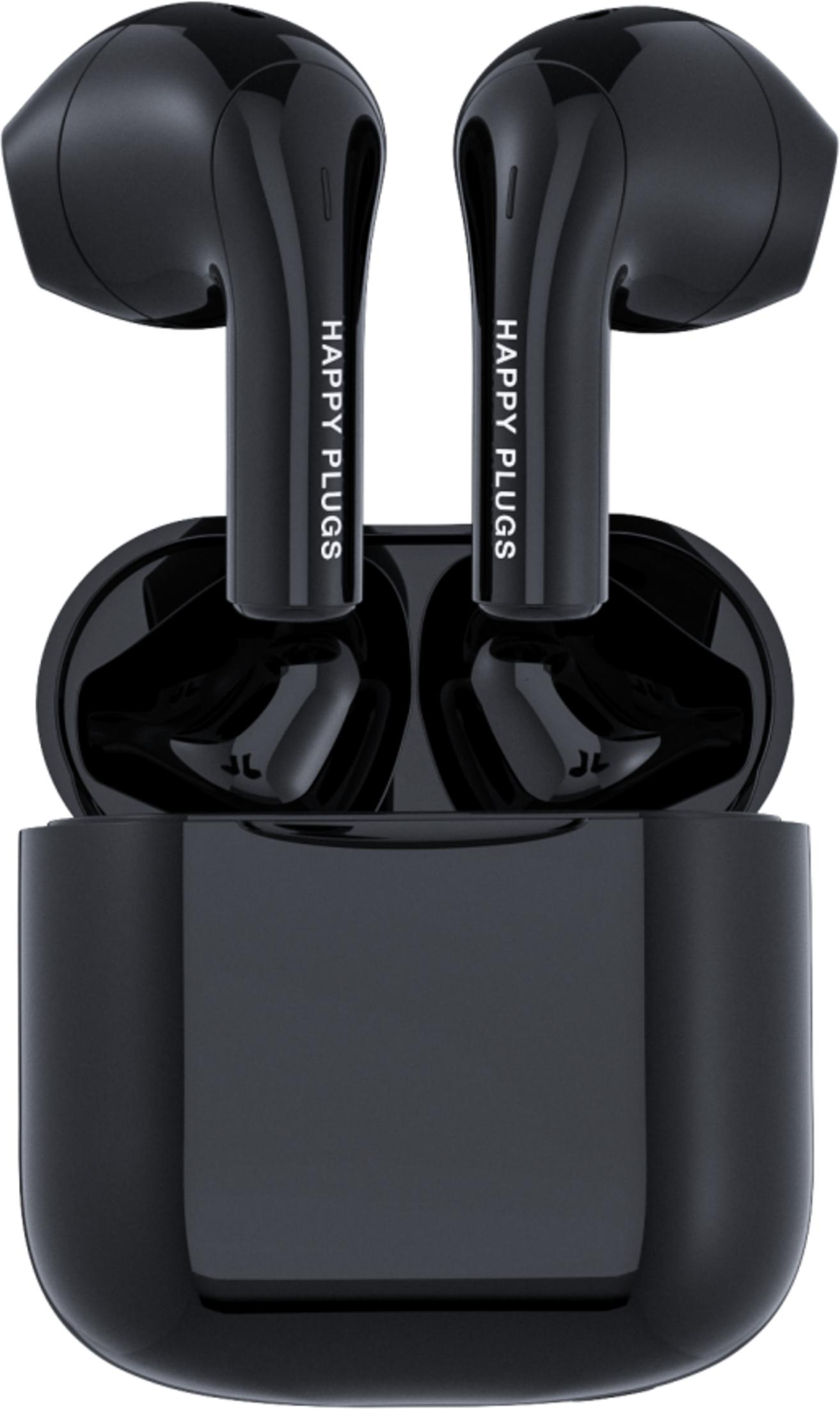 Auricolari wireless Happy Plugs neri e custodia di ricarica. Testo bianco.