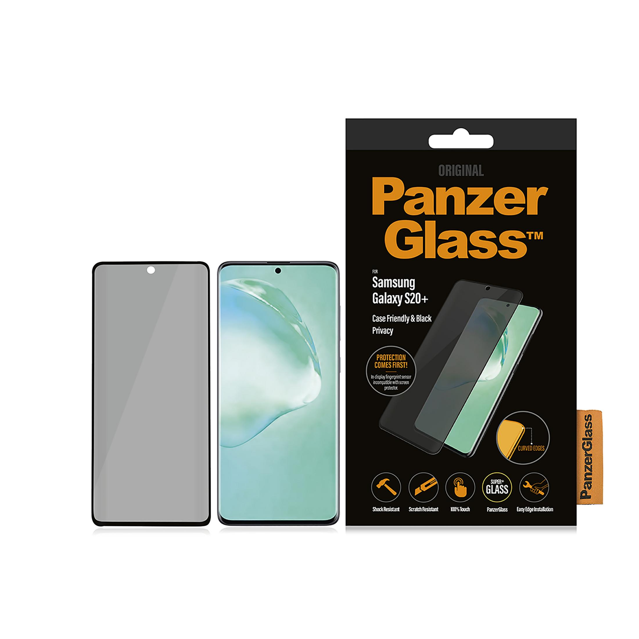 Opakowanie folii ochronnej na ekran PanzerGlass do Samsung Galaxy S20+, z dwoma telefonami.