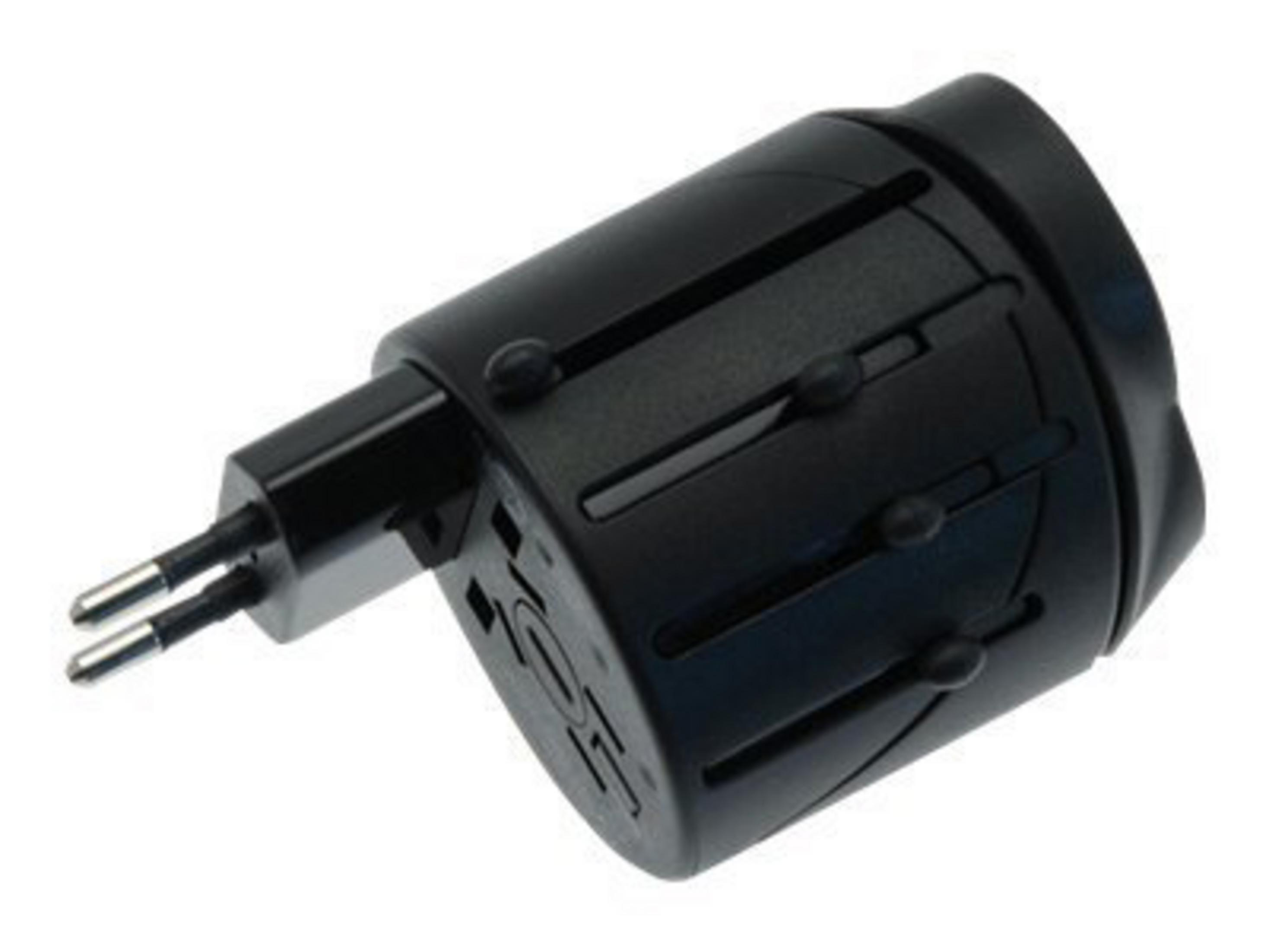 Ein schwarzer Universal-Reiseadapter mit ausziehbaren Stiften.