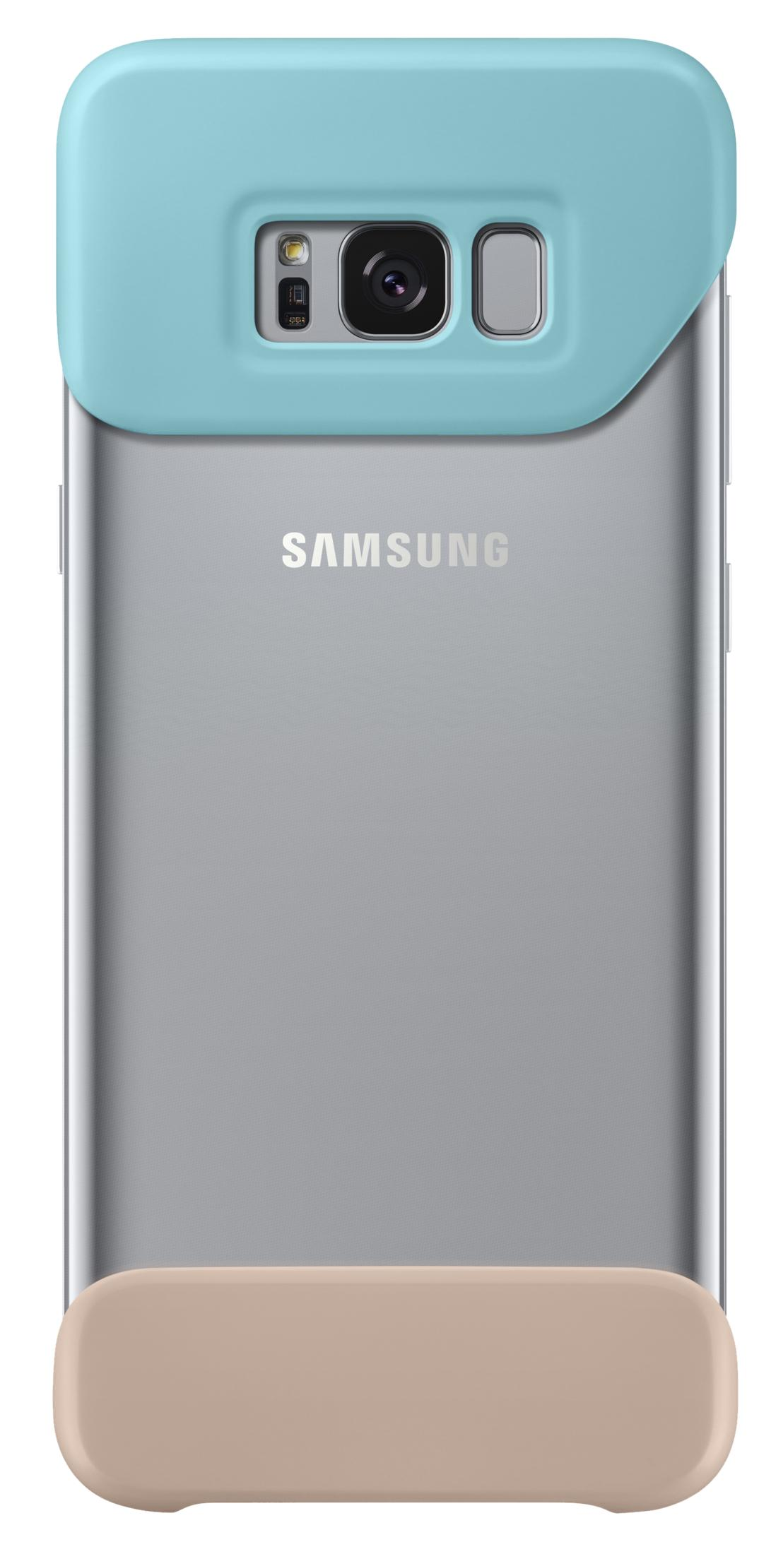 Un teléfono Samsung plateado con una funda azul y beige.