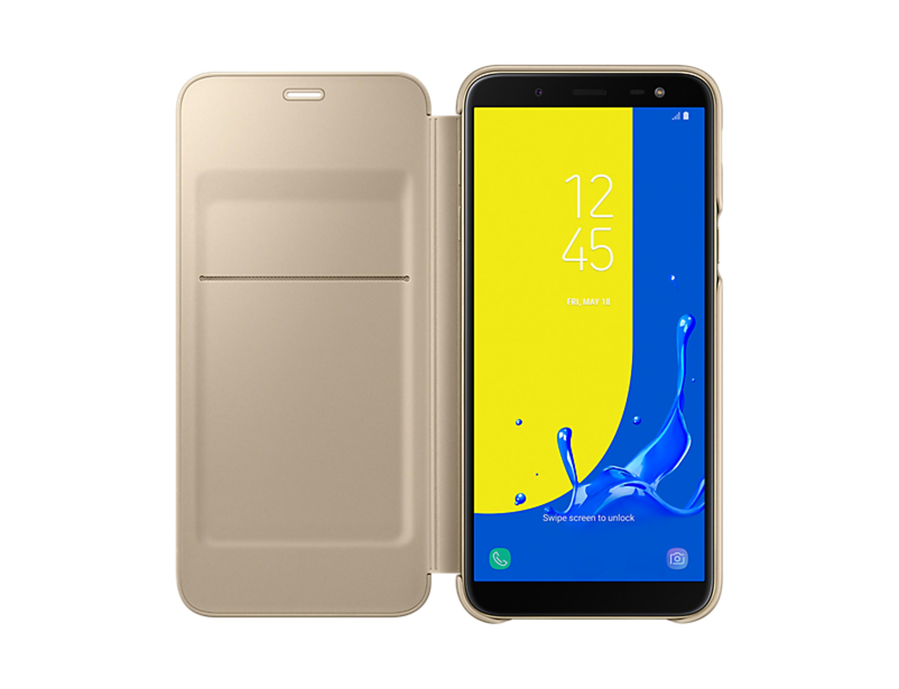 Goldenes Smartphone im Klappetui mit gelbem und blauem Display.