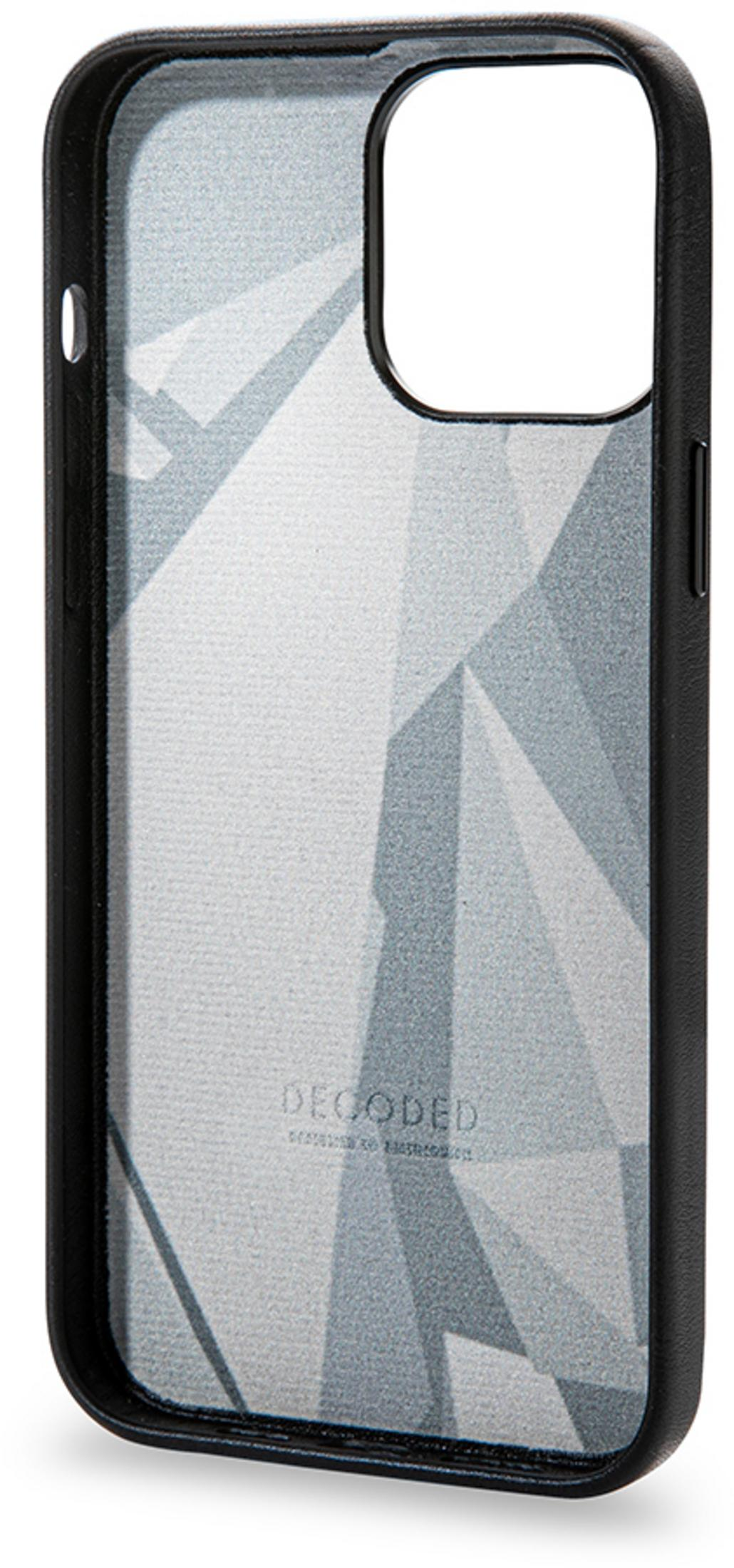 Schwarzes iPhone-Gehäuse mit grauem geometrischem Muster und DECODED-Logo.