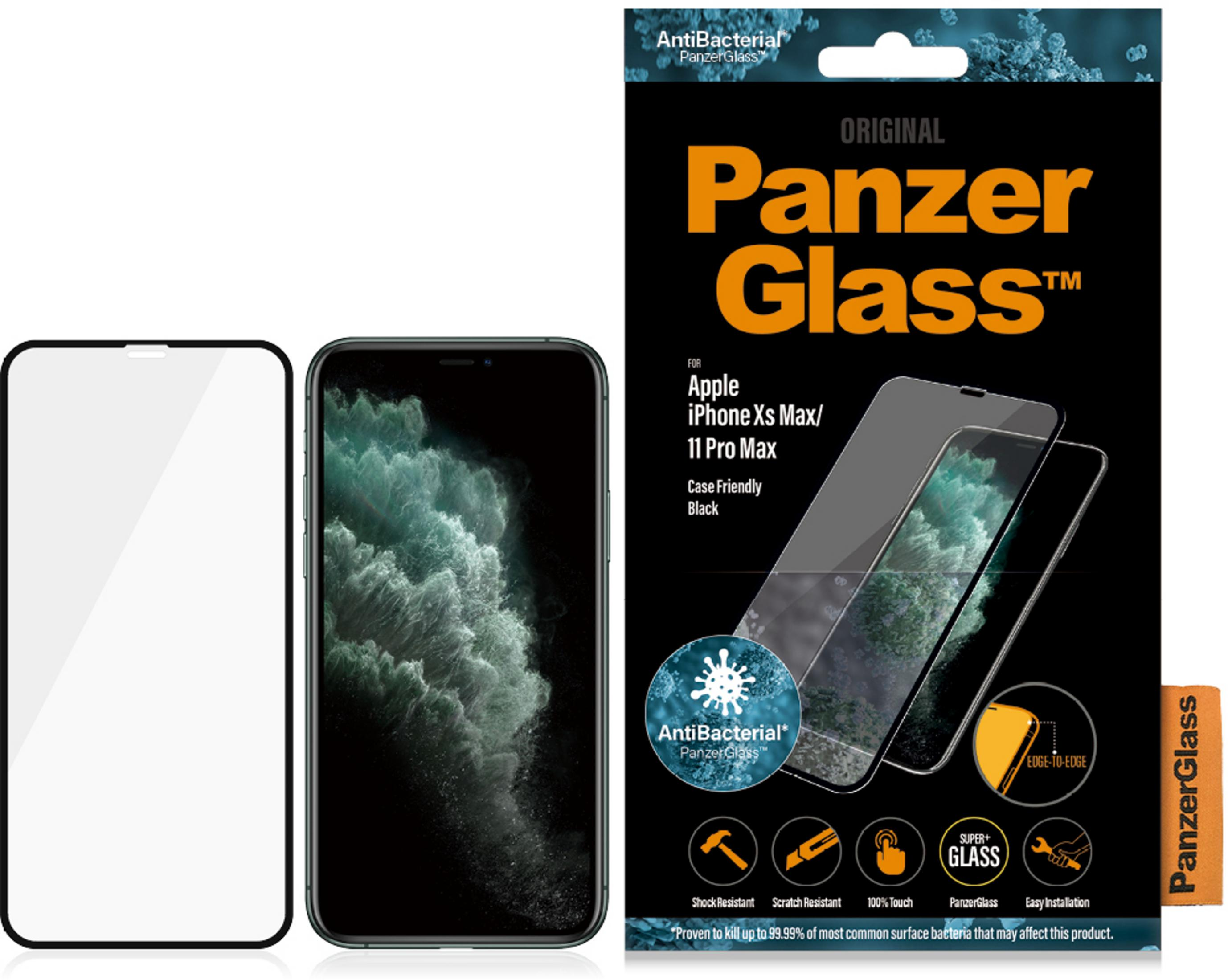 Protezione schermo PanzerGlass per iPhone Xs Max/11 Pro Max. Include telefono e protezione.