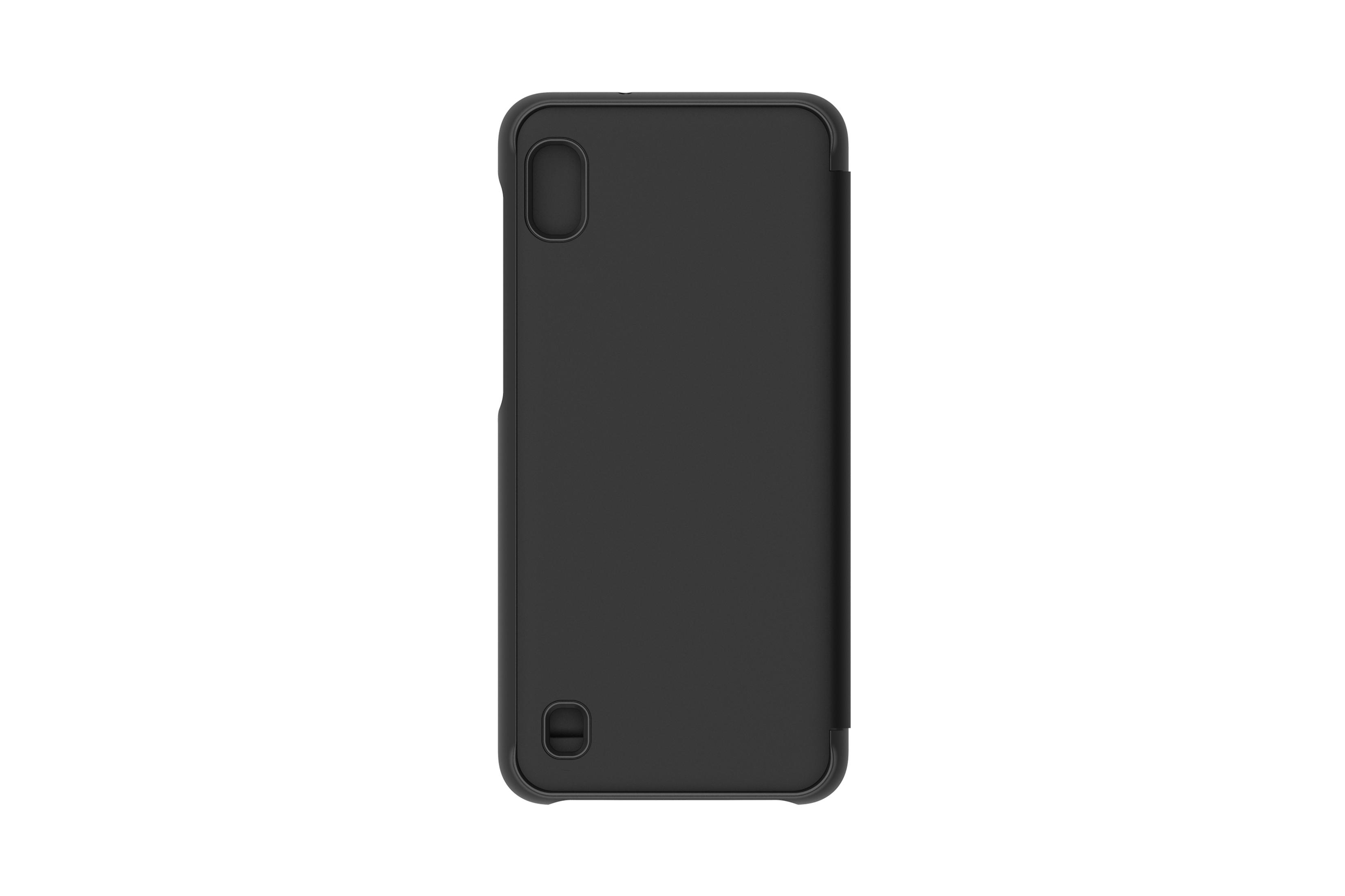 Custodia nera per telefono con ritagli per fotocamera e porta di ricarica.