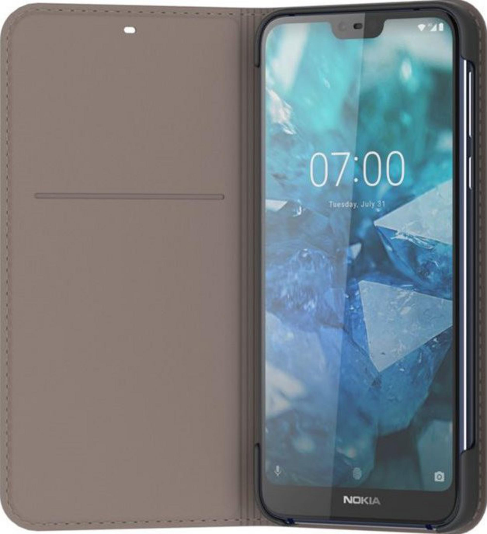 Ein braunes Smartphone-Klappcover mit einem Nokia-Telefon mit blauem Hintergrund.