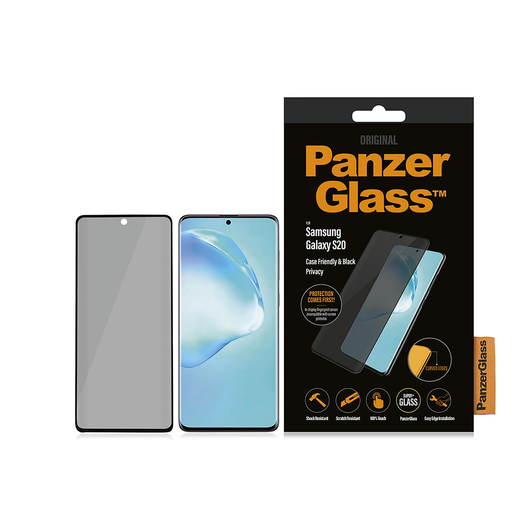 Opakowanie folii ochronnej PanzerGlass na ekran do Samsung Galaxy S20 z dwoma telefonami.