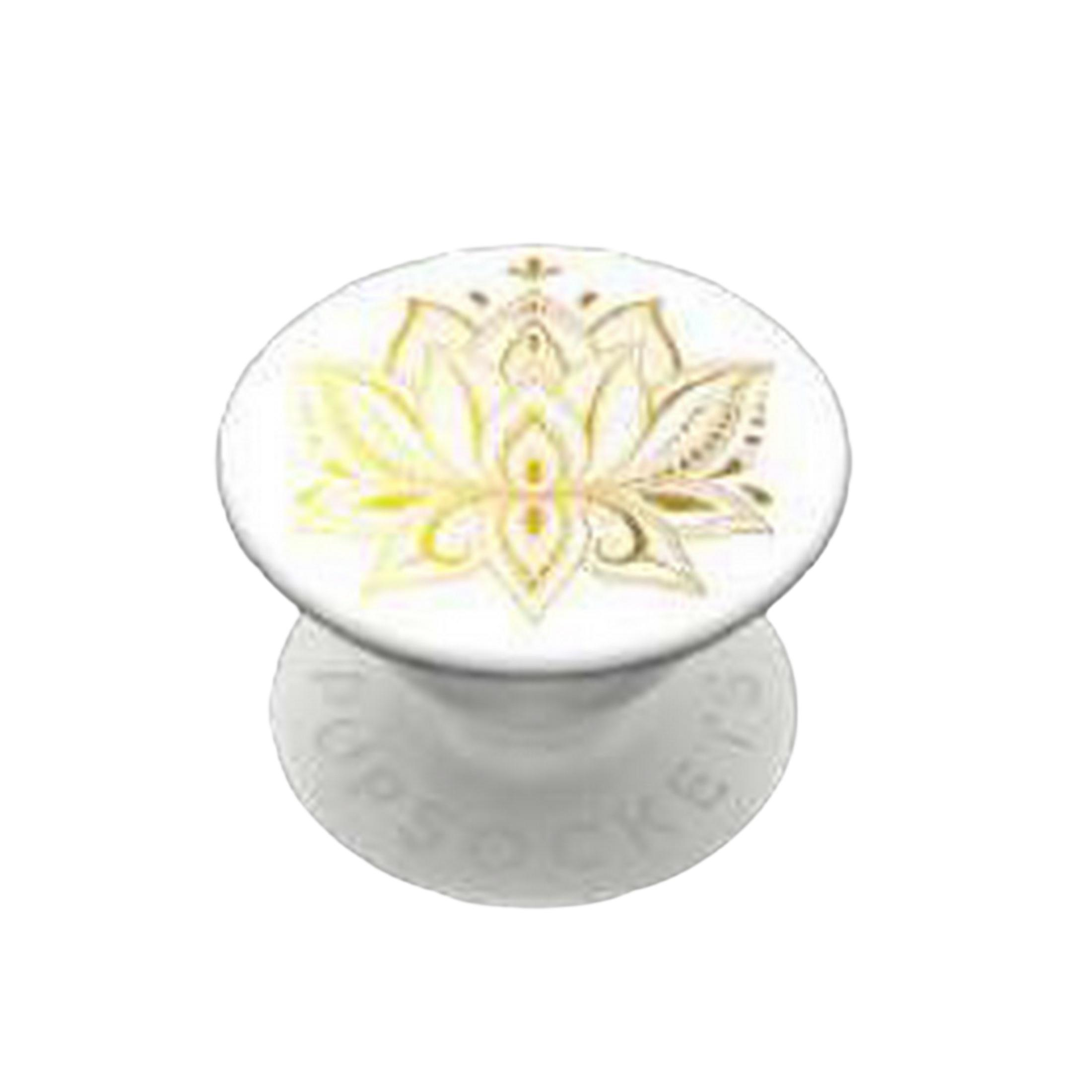 Weißer PopSocket mit goldenem Lotusmuster und schwarzem Text.