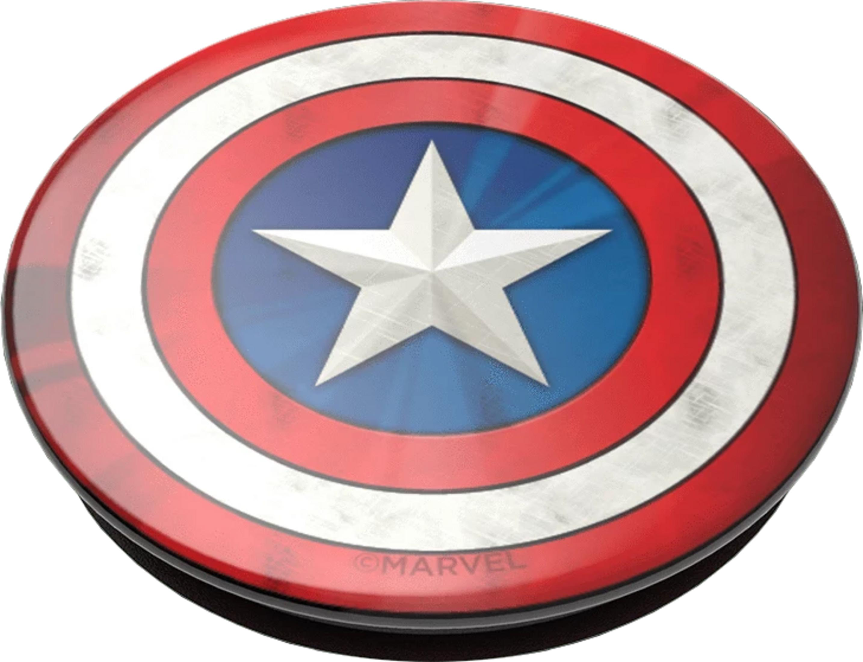 Captain Americas Schild mit Stern und roten und weißen Ringen auf blauem Hintergrund.