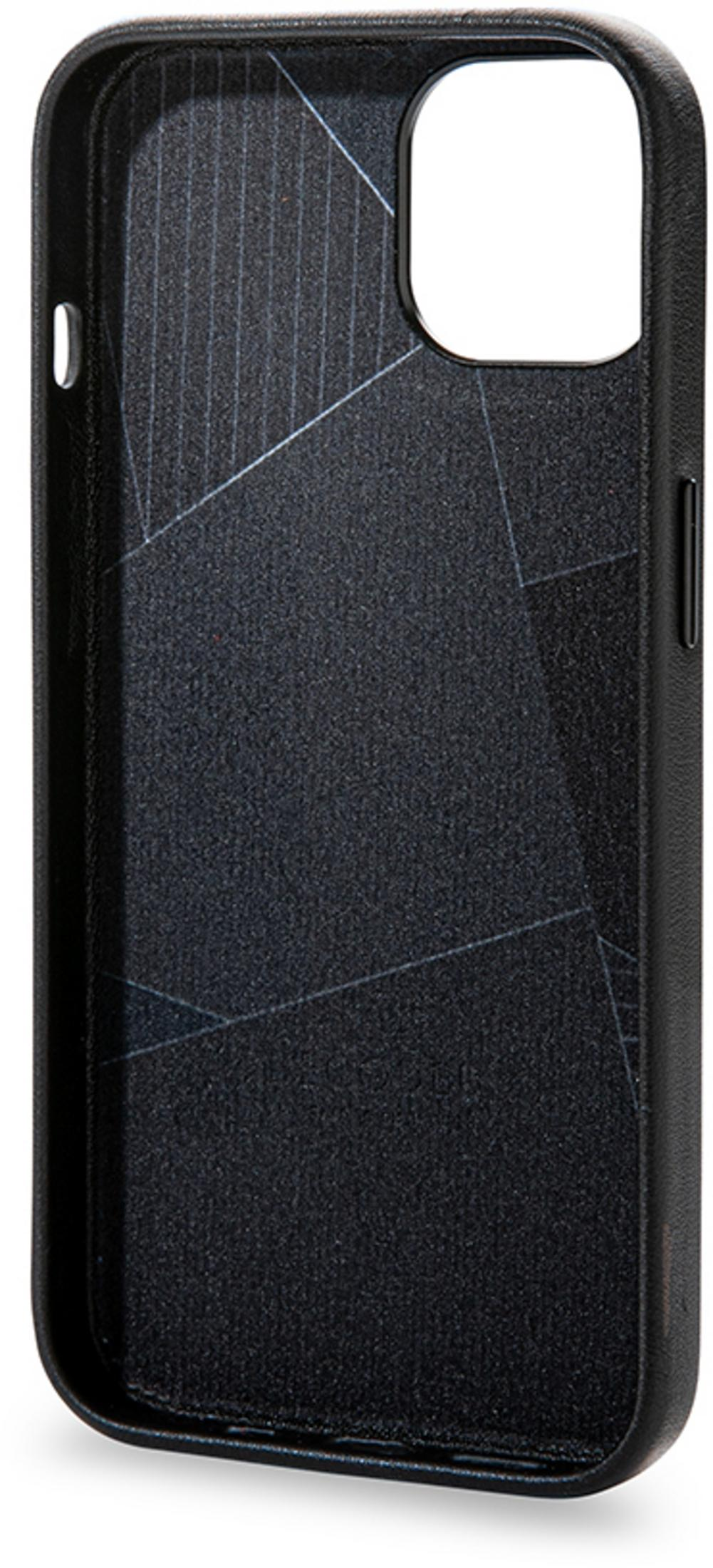 Schwarze Handyhülle mit geometrischem Muster und Kamerareinlass.