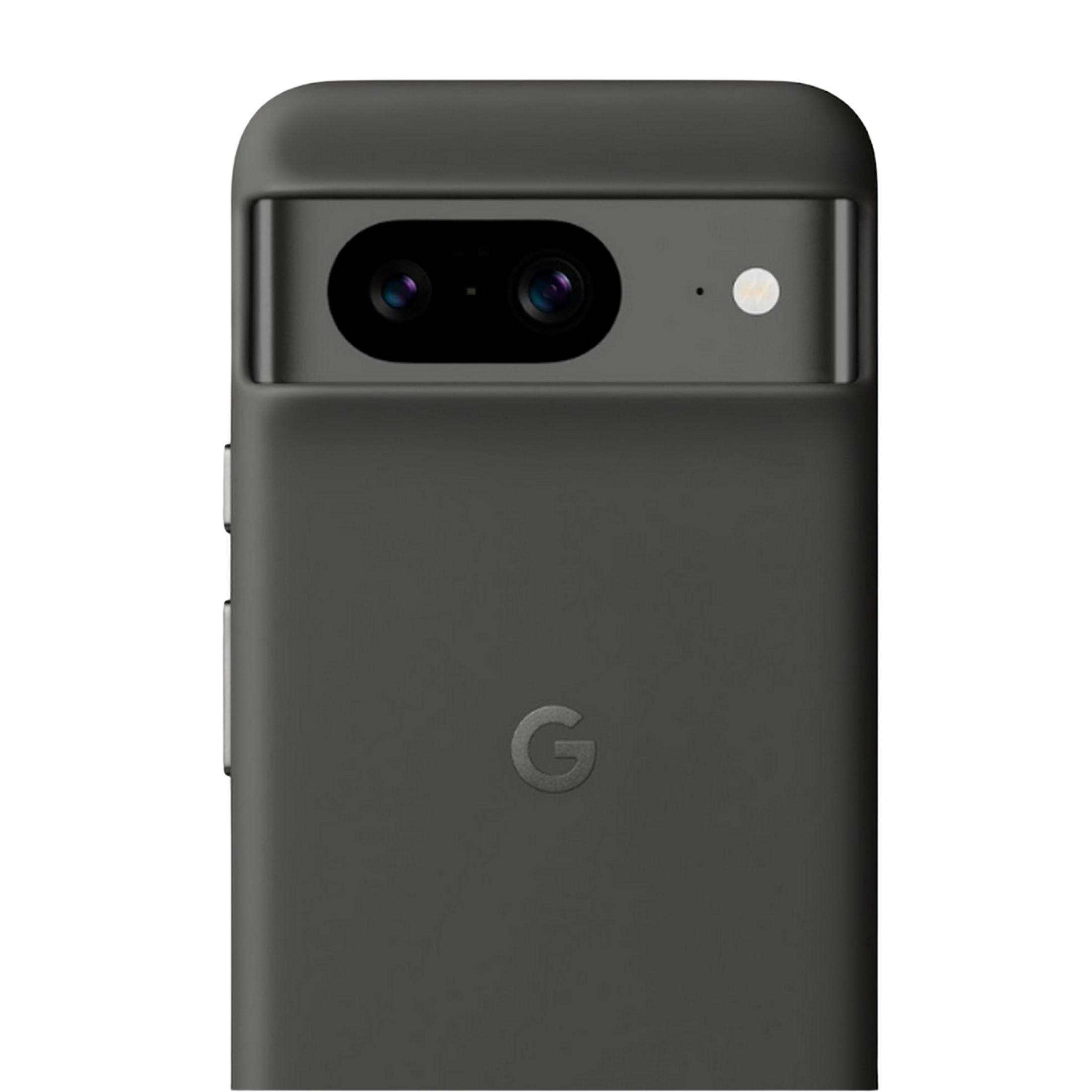 Teléfono gris oscuro con dos cámaras y logo de Google. Fondo blanco.