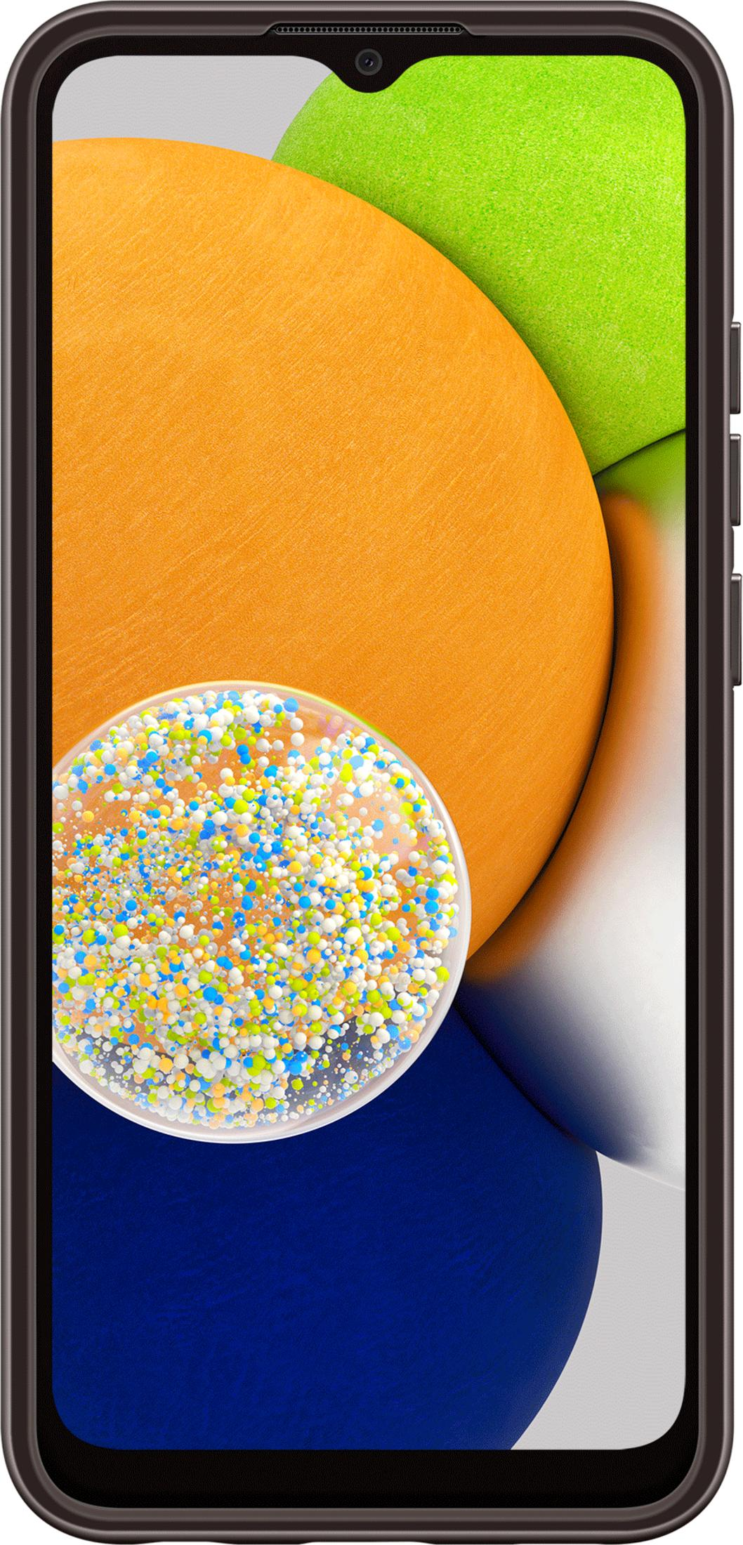 A smartphone displaying a colorful background of orange, green, and blue circles.