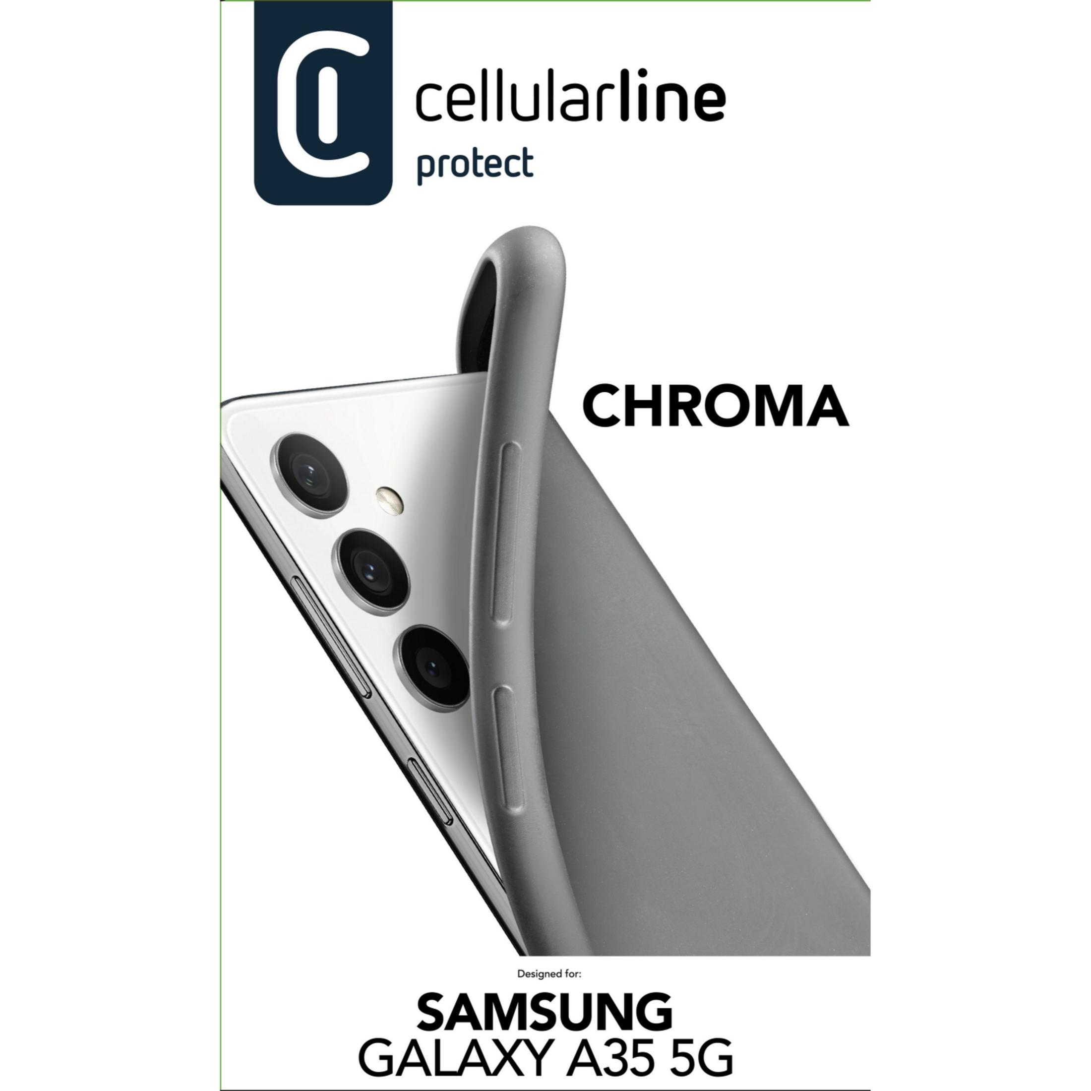 Un telefono grigio con tre fotocamere e una custodia. Testo: Cellularline, Chroma, Samsung Galaxy A35 5G.